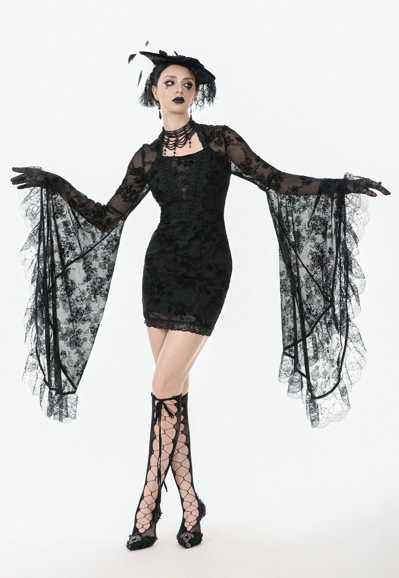 Dark In Love - Gothic Embroidered Mesh With Big Sleeves - Dress | Women-Image