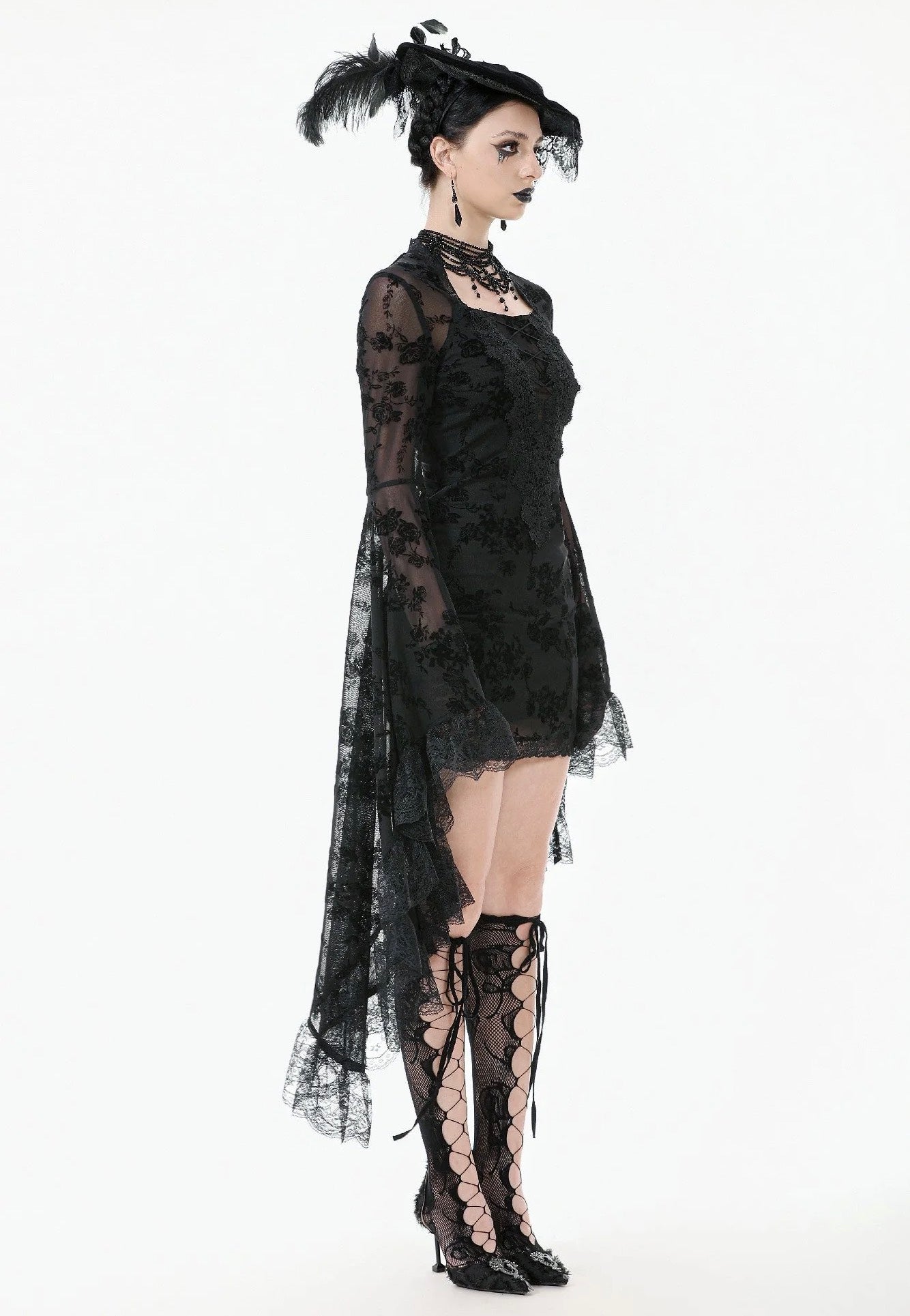 knee length dresses for ladies Dark in Love - Gothic Embroidered Mesh with Big Sleeves - Dress - Black - S