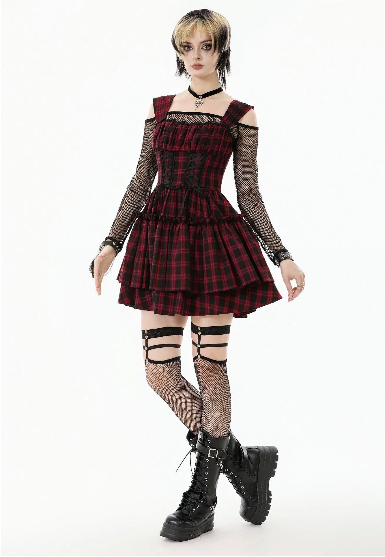 christmas pink dress Dark In Love - Christmas Plaid Layered Cake - Dress - Black - XS