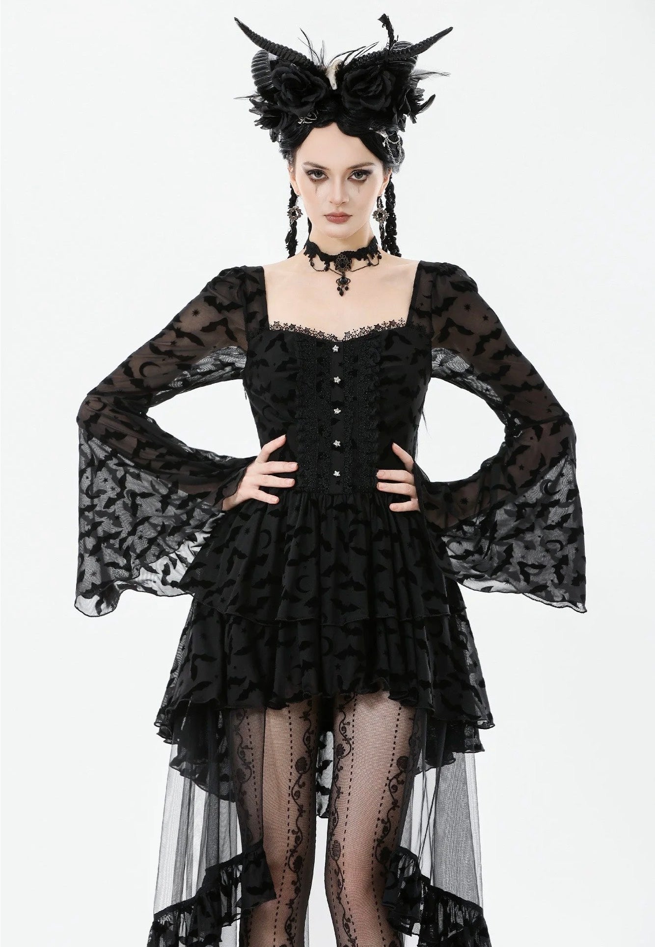 gothic black maxi dress Dark In Love - Star & Moon Gothic Lolita Bat Hem Long - Dress - Black - L