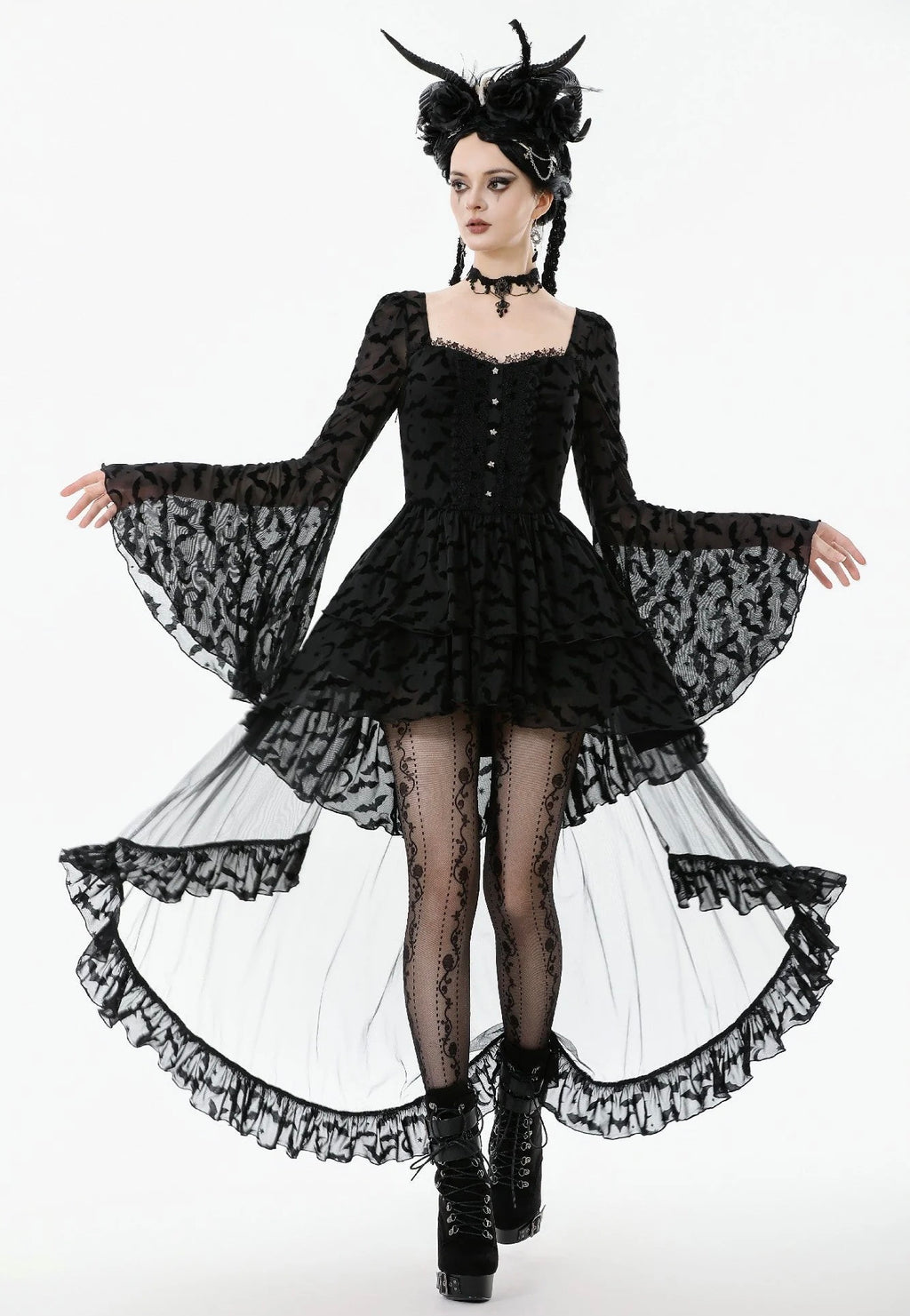 goth dress long sleeve Dark In Love - Star & Moon Gothic Lolita Bat Hem Long - Dress - Black - L