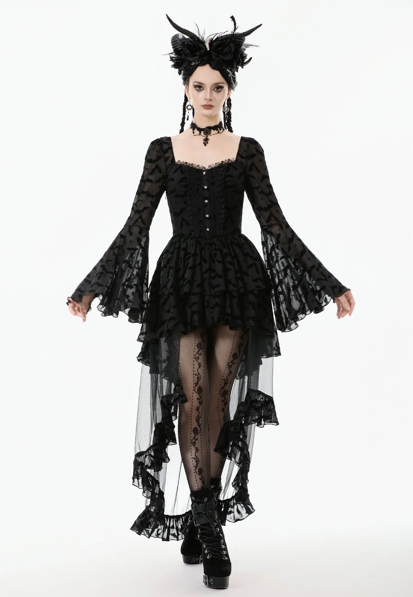 Dark In Love - Star & Moon Gothic Lolita Bat Hem Long - Dress - Black - L