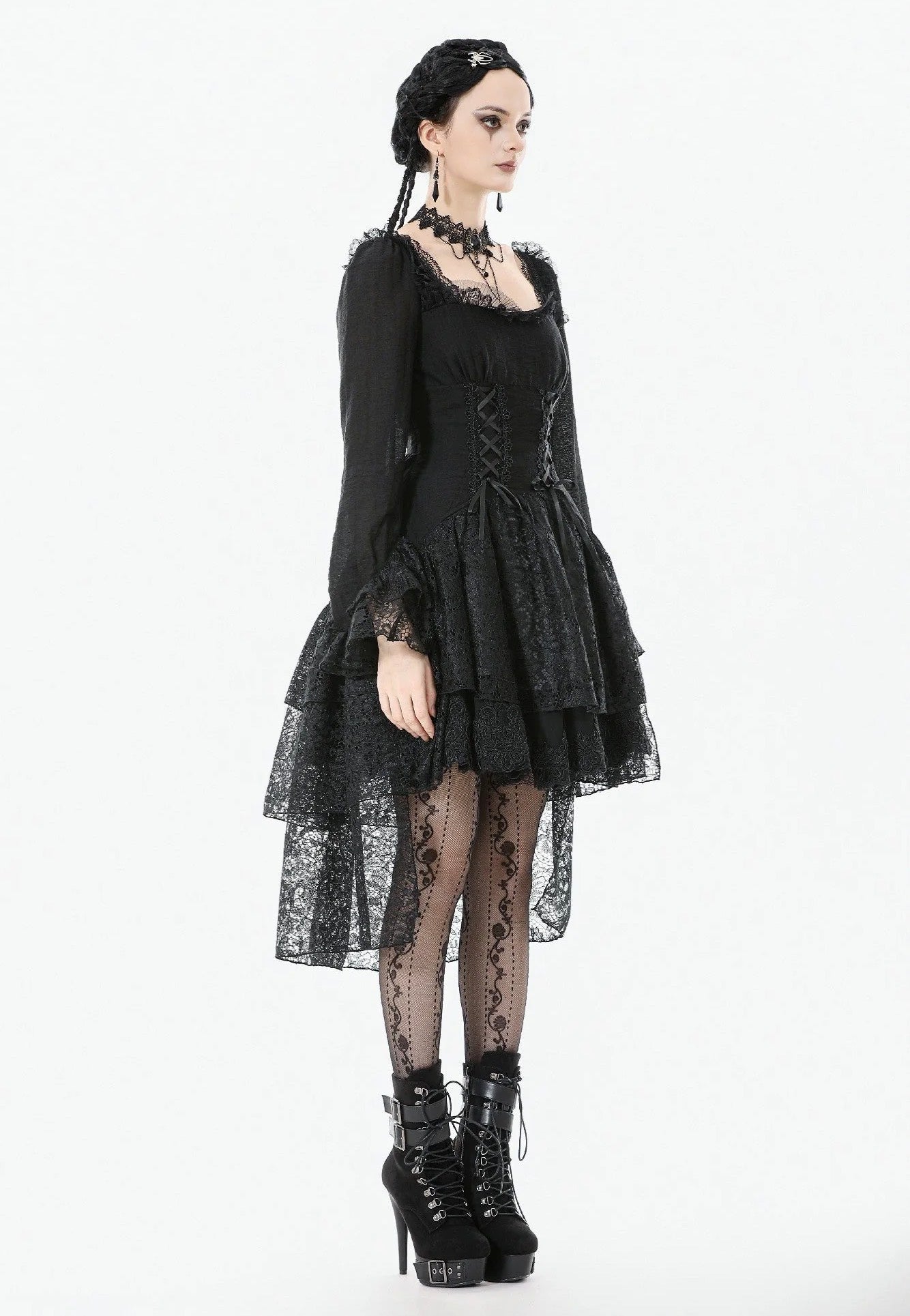 Dark In Love - Romantic Gothic Lace High-Low Tiered - Dress | Women-Image