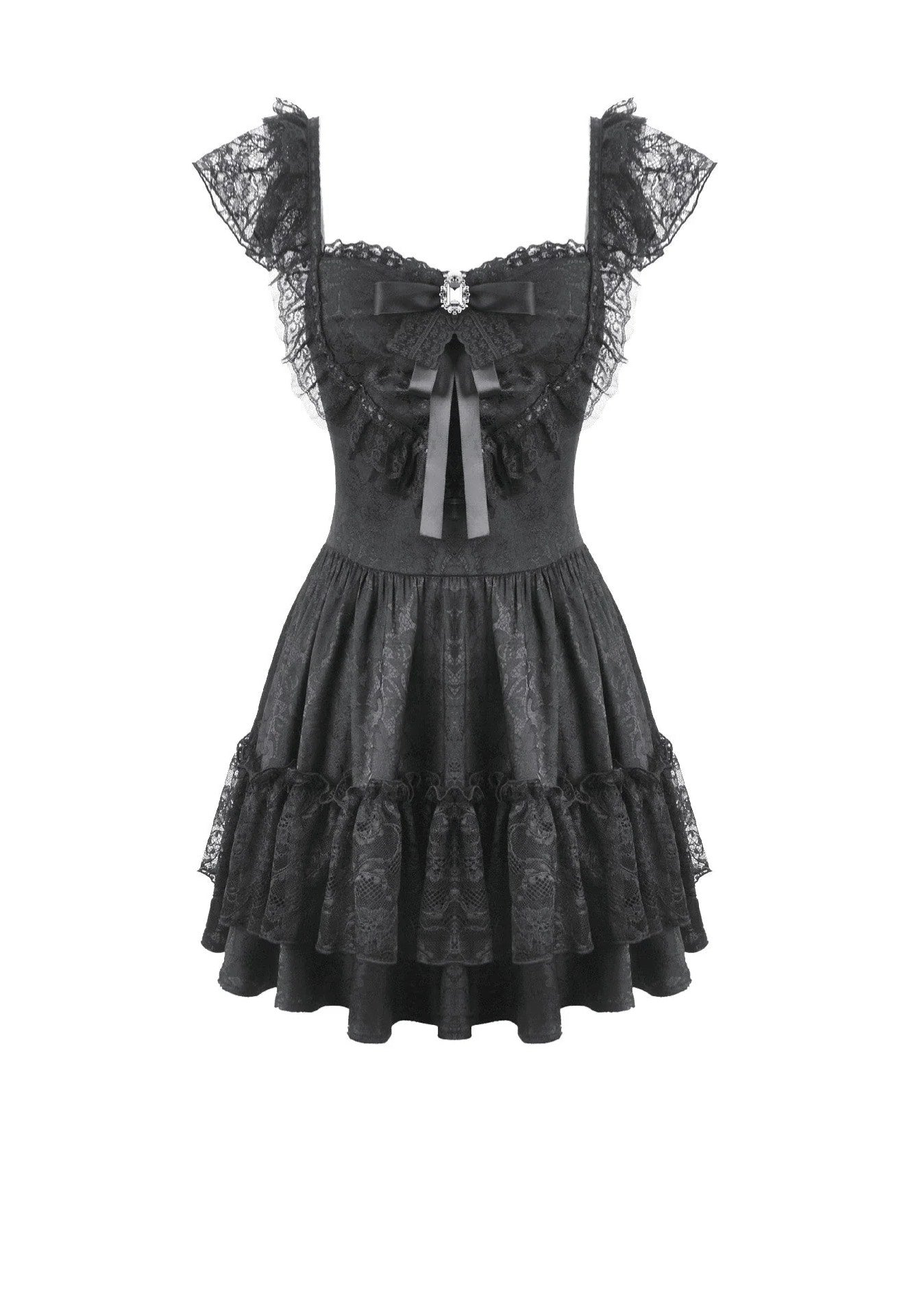 Dark In Love Gothic Lolita Jacquard Lace Flutter-Sleeve Cake Vestido | Women-Image