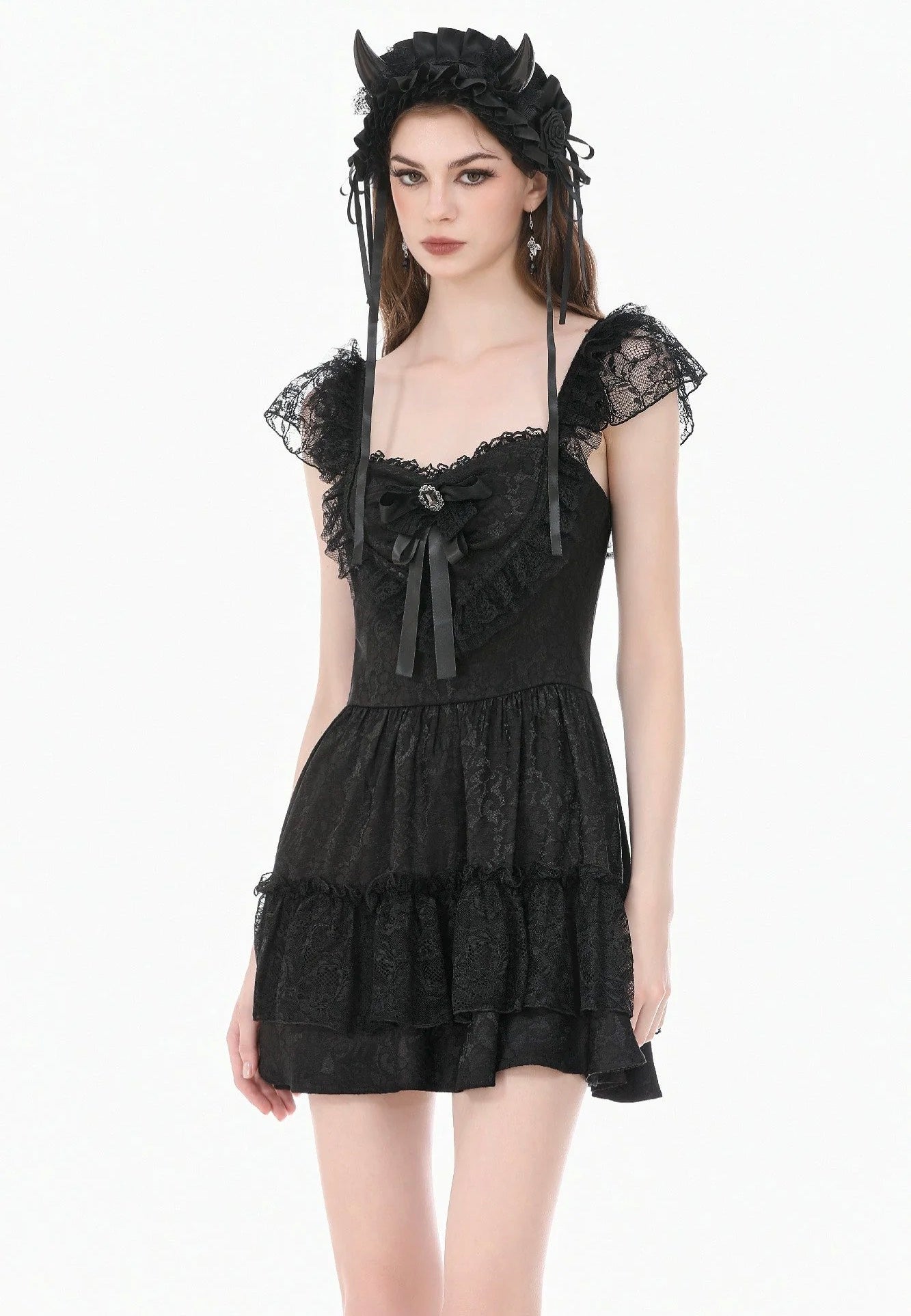 Dark In Love Gothic Lolita Jacquard Lace Flutter-Sleeve Cake Vestido | Women-Image