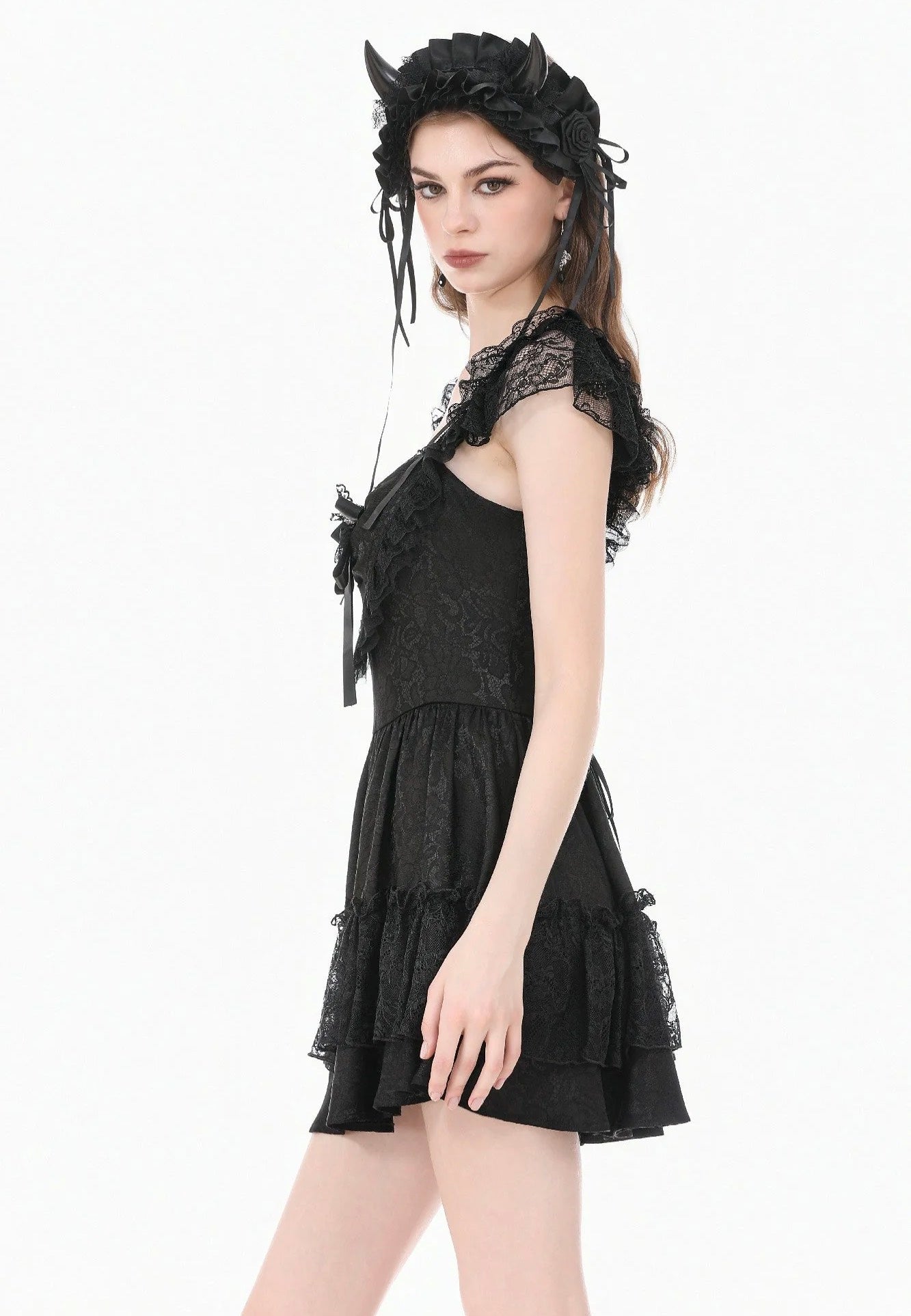 Dark In Love Gothic Lolita Jacquard Lace Flutter-Sleeve Cake Vestido | Women-Image