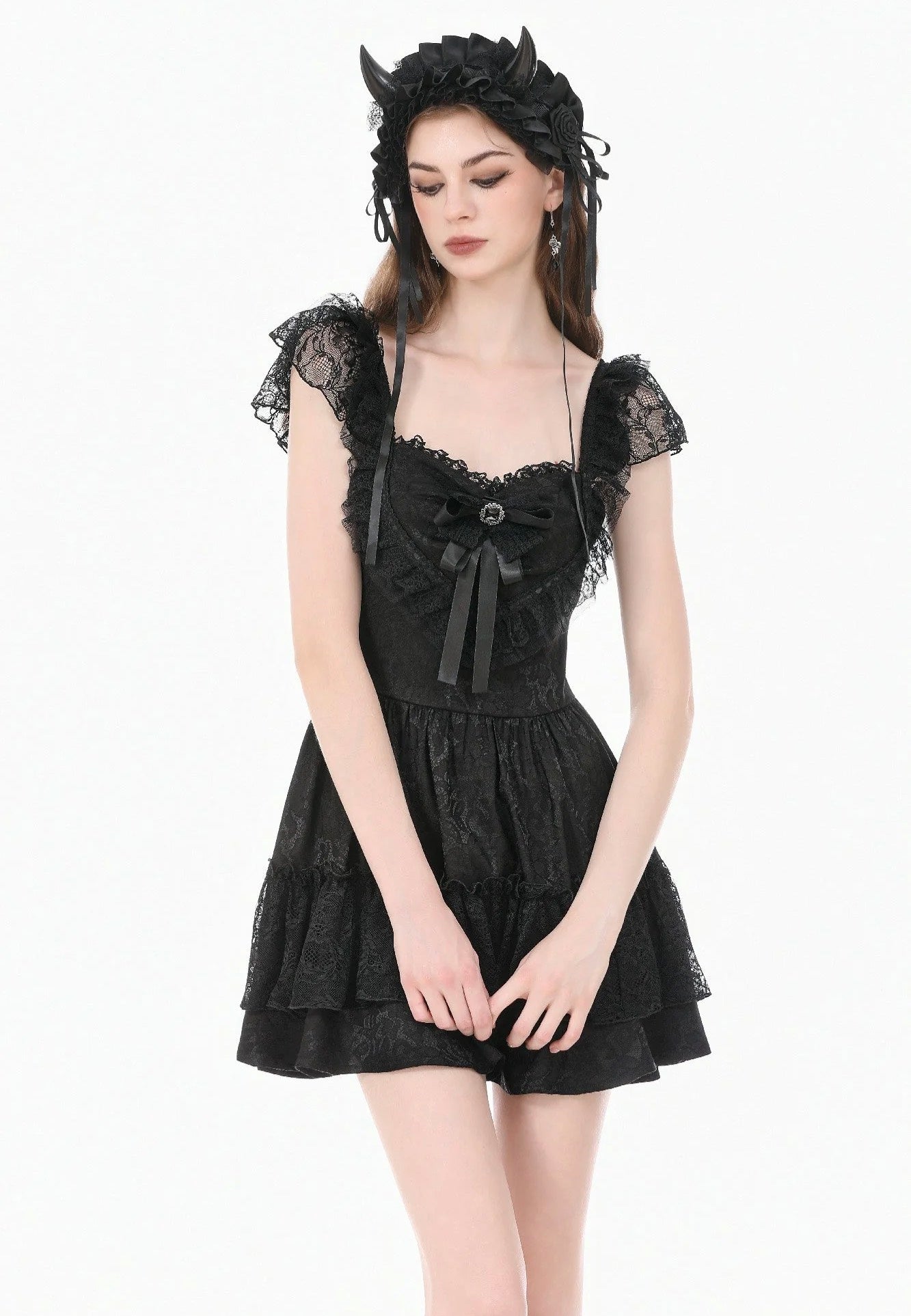 Dark In Love Gothic Lolita Jacquard Lace Flutter-Sleeve Cake Vestido | Women-Image