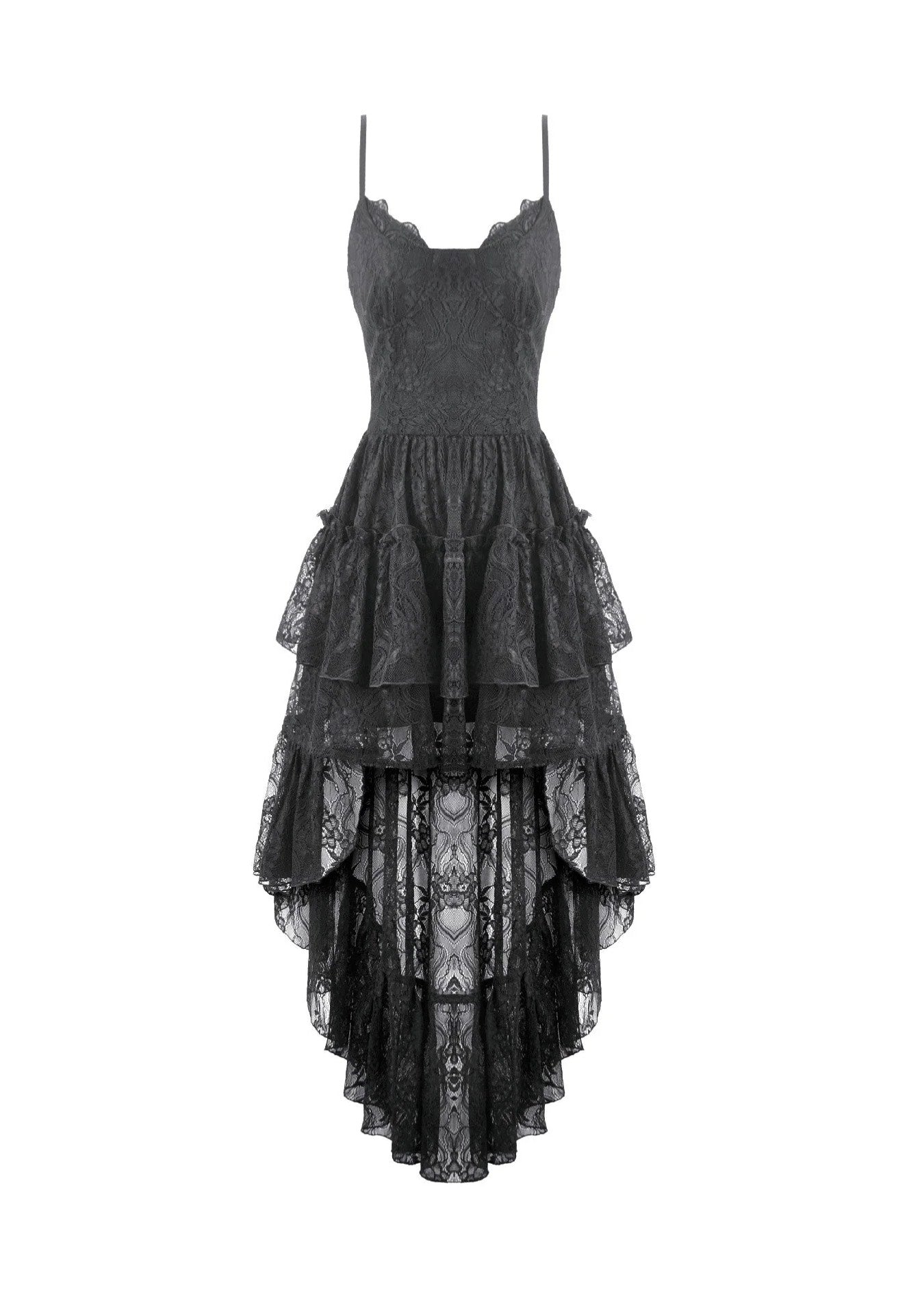 Dark In Love Retro Gothic Lace Camisole High-Low Ruffle Tail Dress | Women-Image
