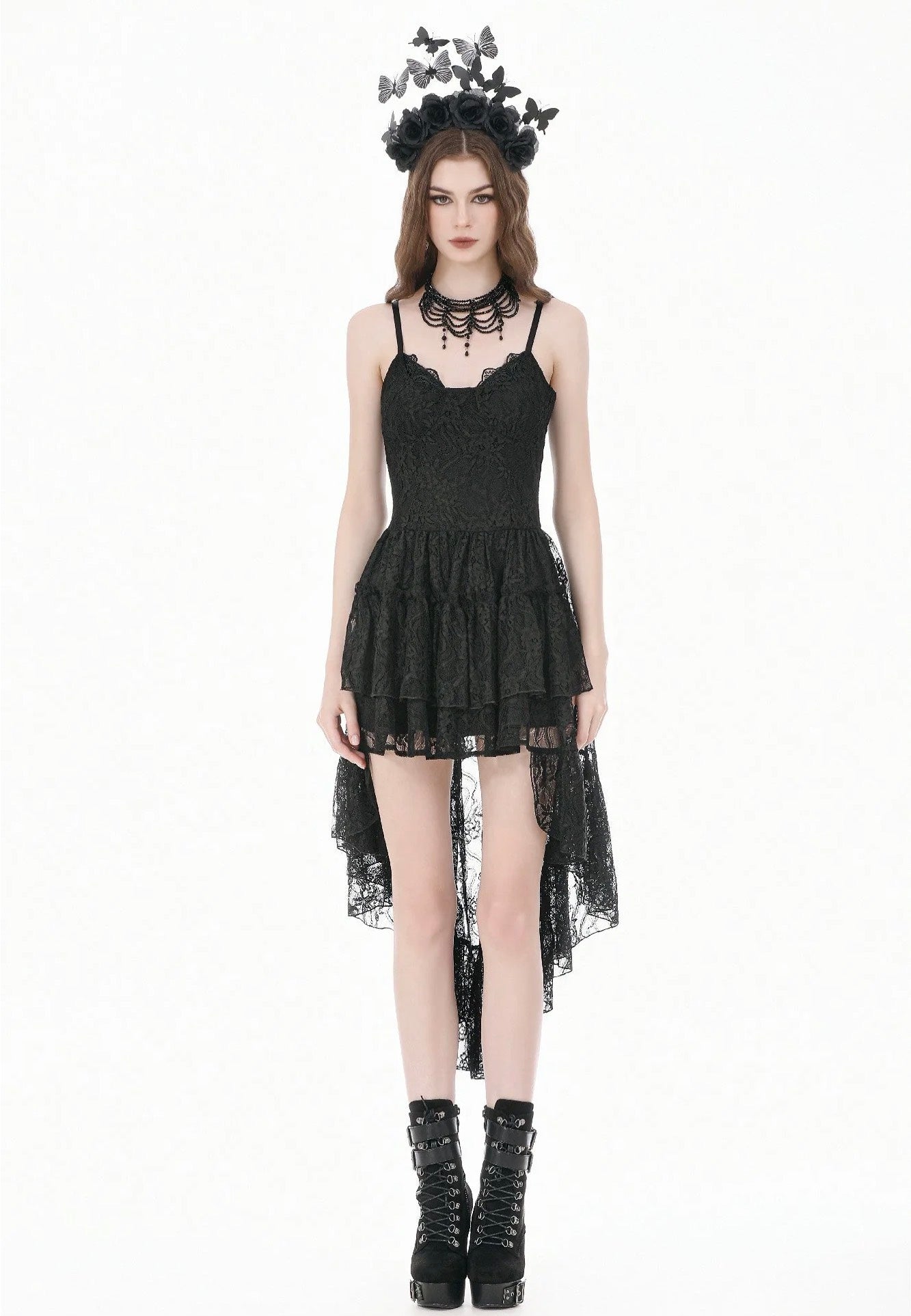 Dark In Love Retro Gothic Lace Camisole High-Low Ruffle Tail Dress | Women-Image
