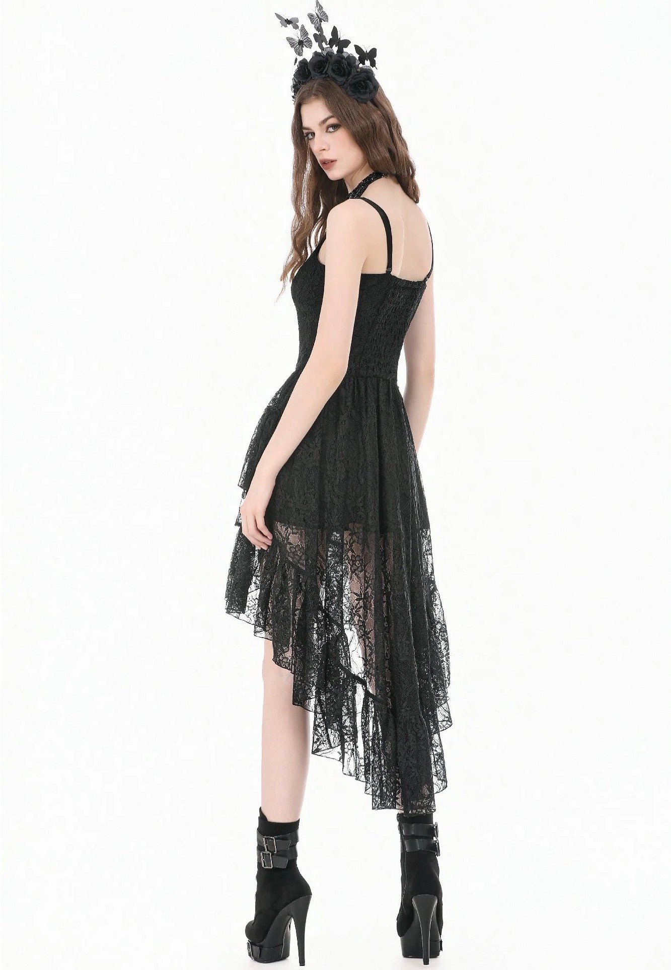 Dark In Love Retro Gothic Lace Camisole High-Low Ruffle Tail Dress | Women-Image