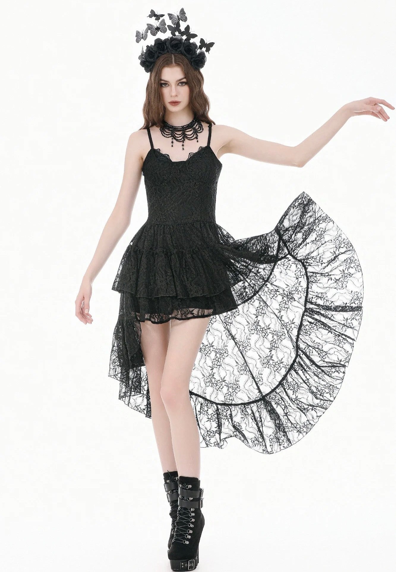 Dark In Love Retro Gothic Lace Camisole High-Low Ruffle Tail Dress | Women-Image