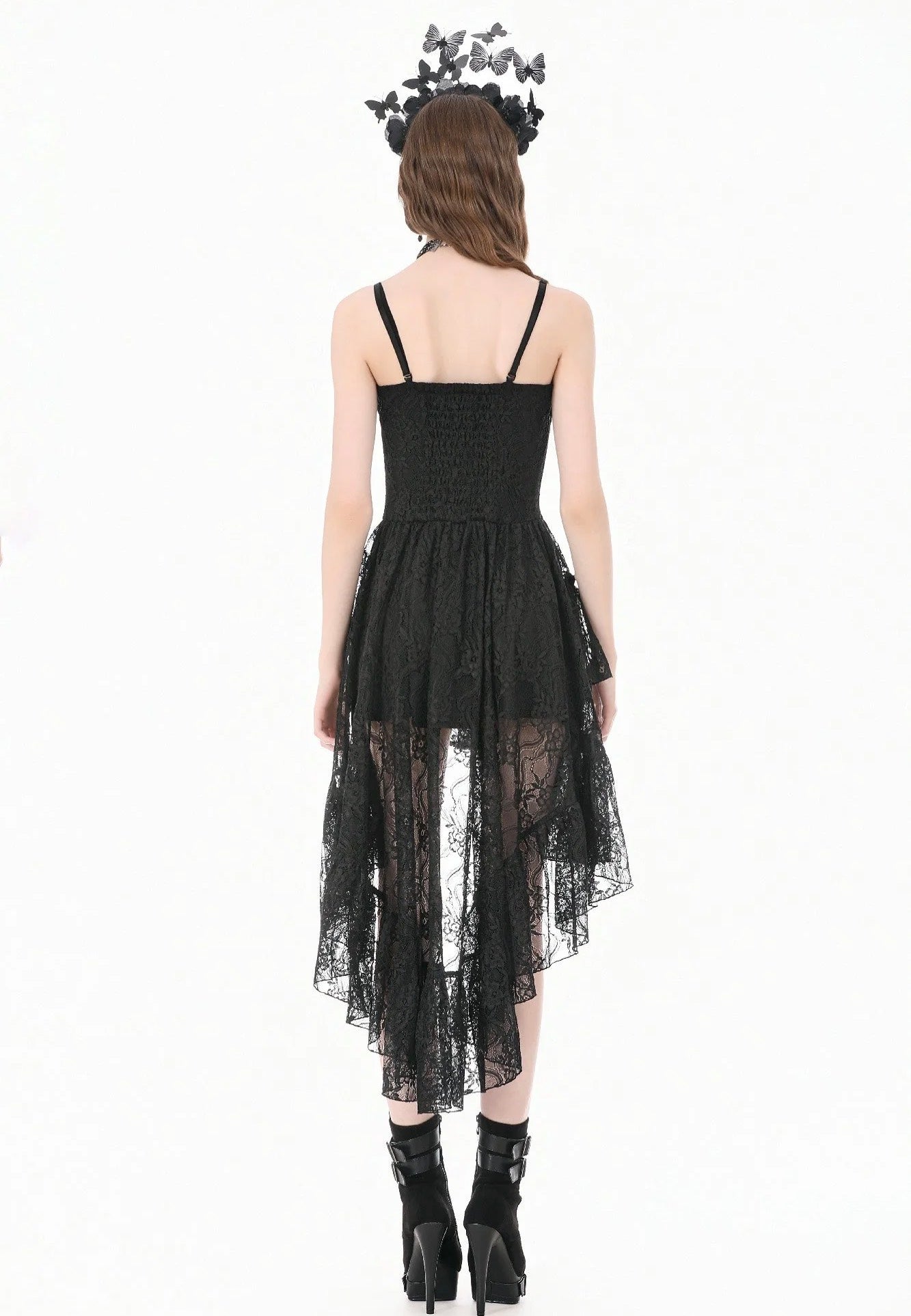Dark In Love Retro Gothic Lace Camisole High-Low Ruffle Tail Dress | Women-Image