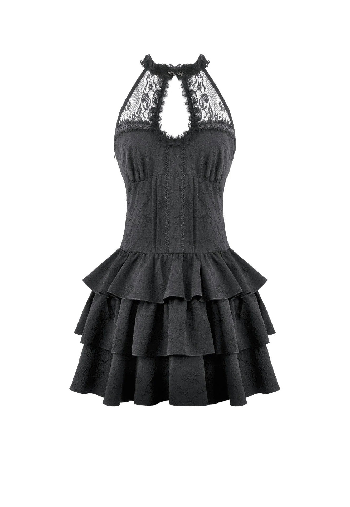 Dark In Love Gothic Halter Lace Patchwork Rose Jacquard Tiered Ruffle Vestido | Women-Image