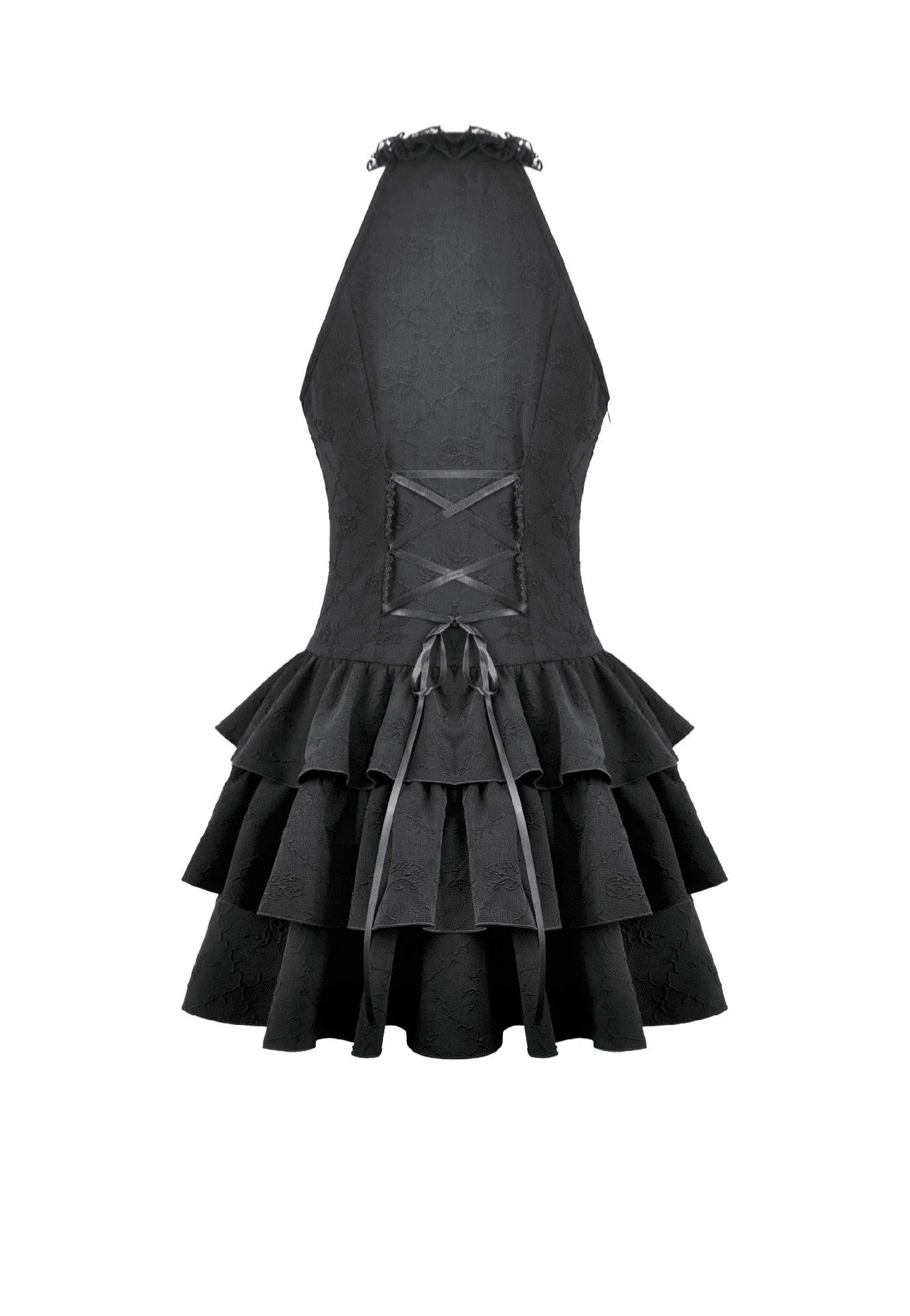 Dark In Love Gothic Halter Lace Patchwork Rose Jacquard Tiered Ruffle Vestido | Women-Image