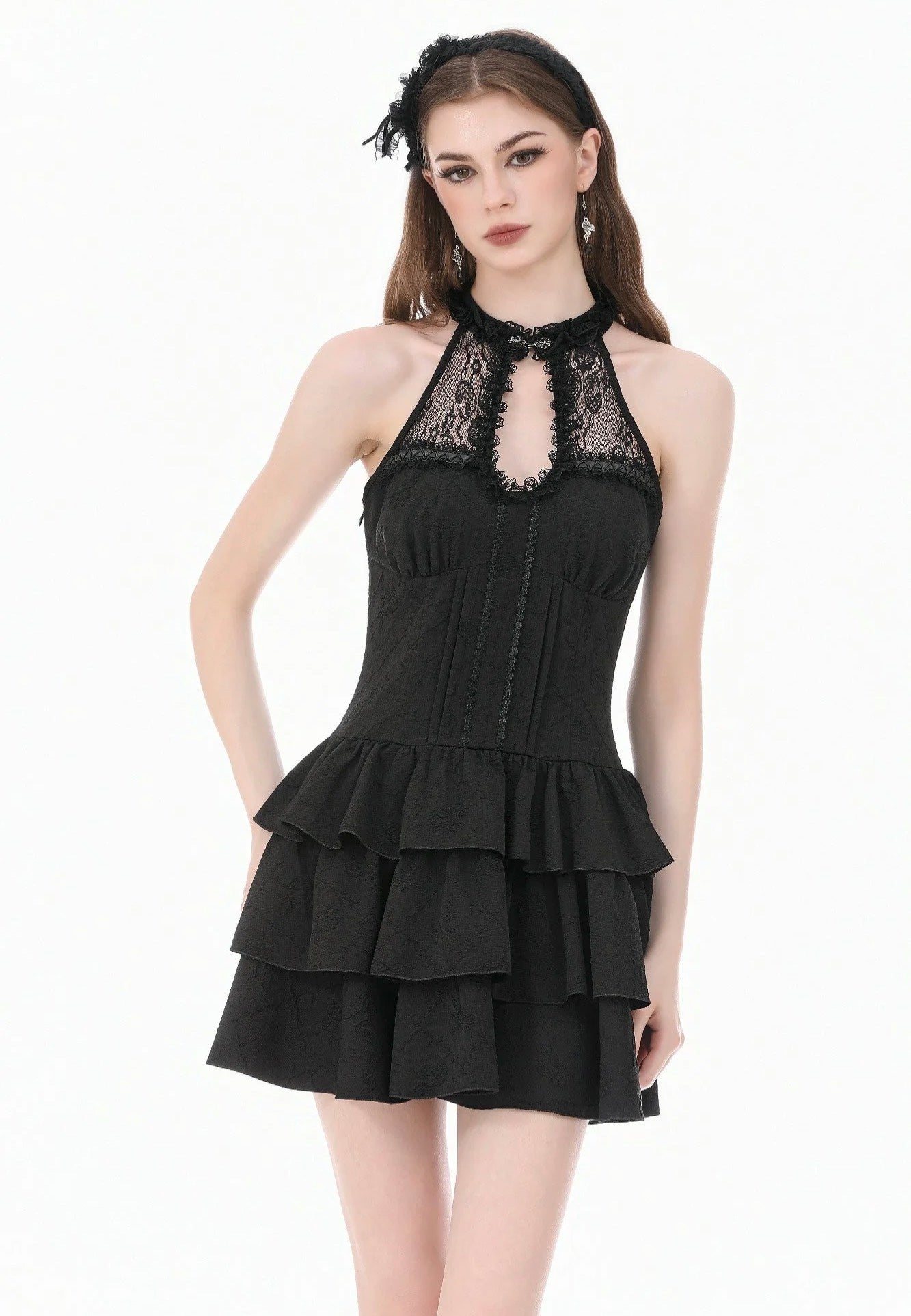 Dark In Love Gothic Halter Lace Patchwork Rose Jacquard Tiered Ruffle Vestido | Women-Image