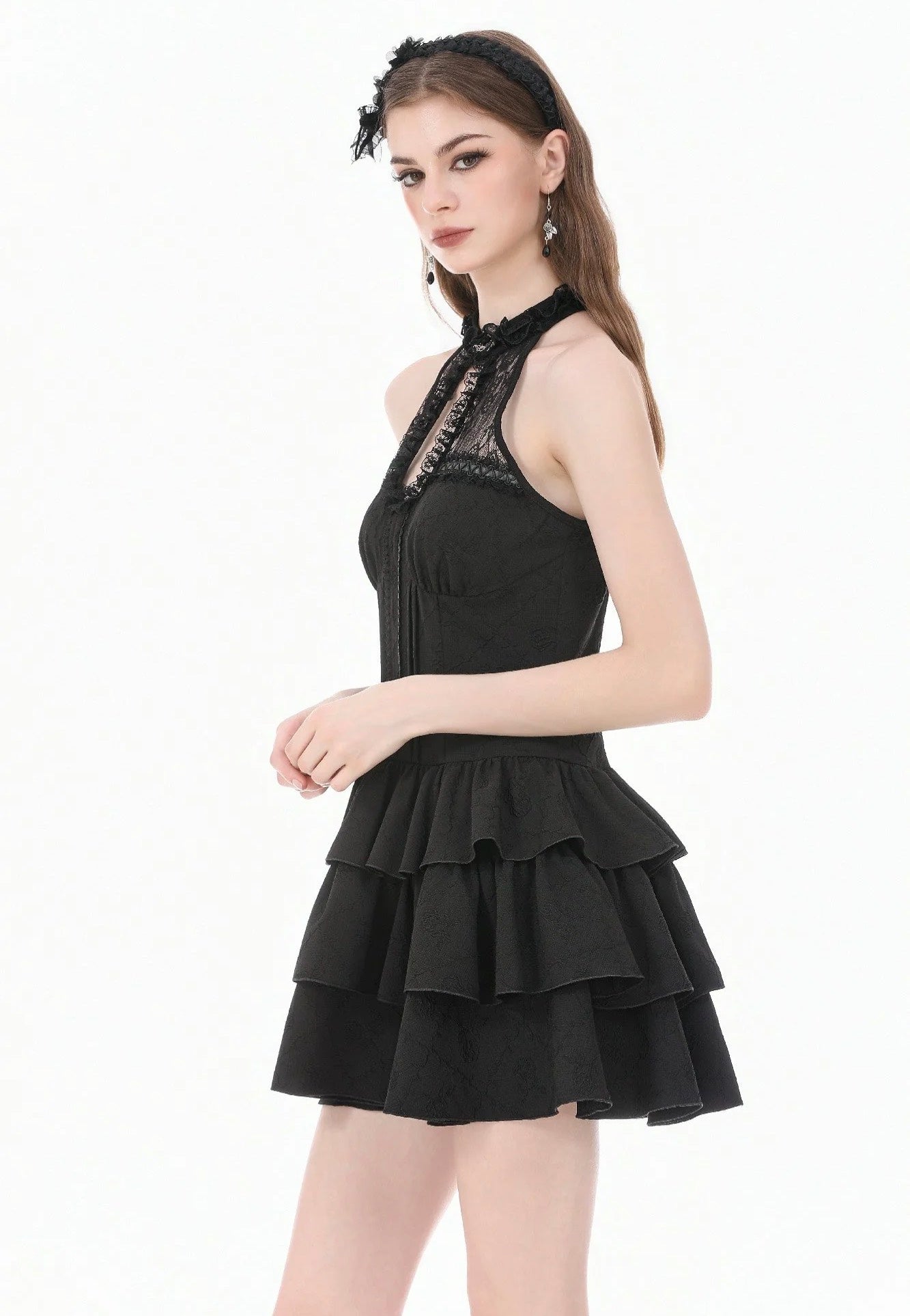 Dark In Love Gothic Halter Lace Patchwork Rose Jacquard Tiered Ruffle Vestido | Women-Image