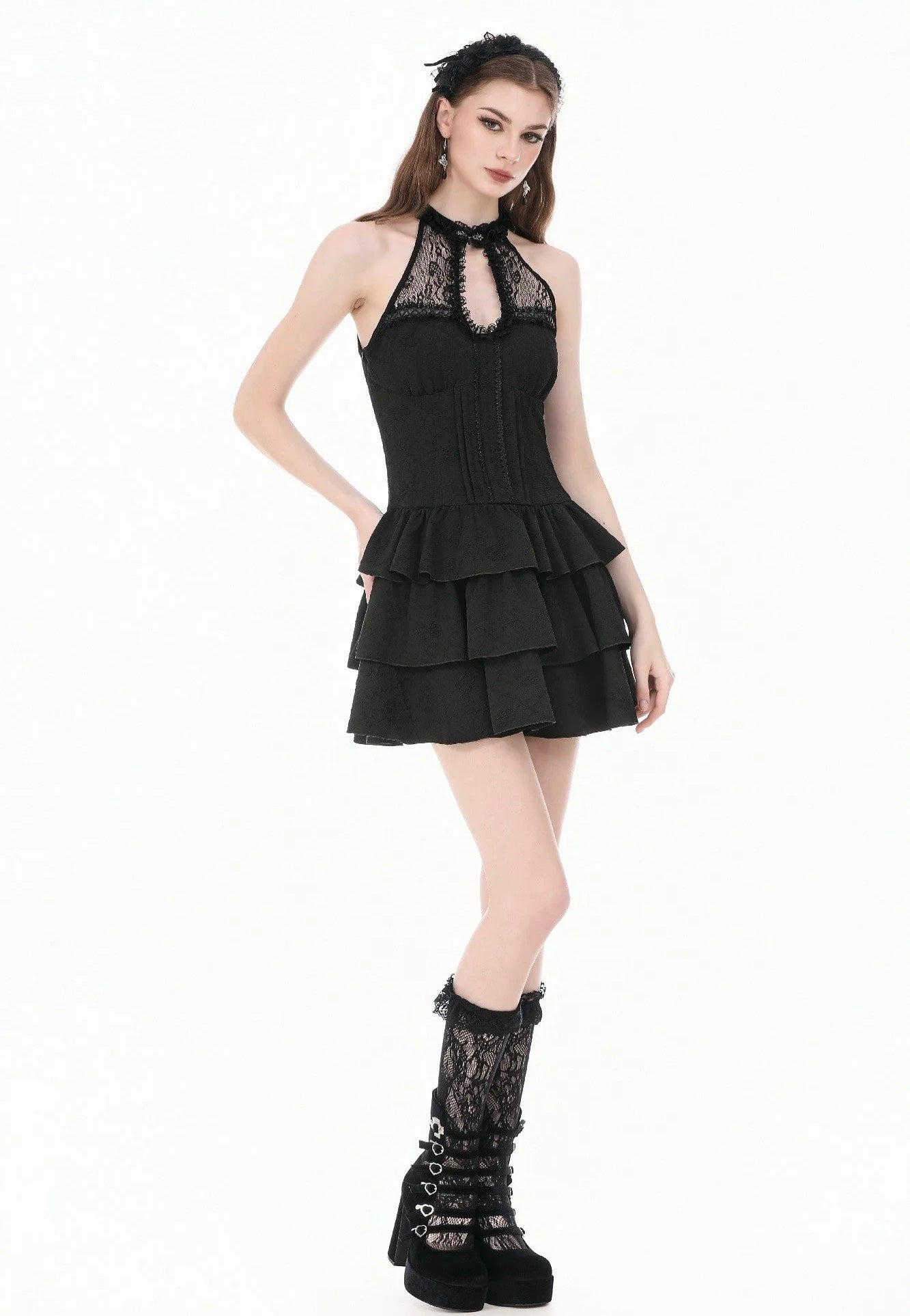 Dark In Love Gothic Halter Lace Patchwork Rose Jacquard Tiered Ruffle Vestido | Women-Image