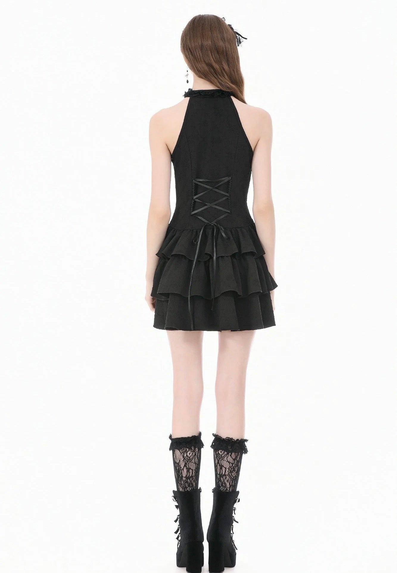 Dark In Love Gothic Halter Lace Patchwork Rose Jacquard Tiered Ruffle Vestido | Women-Image