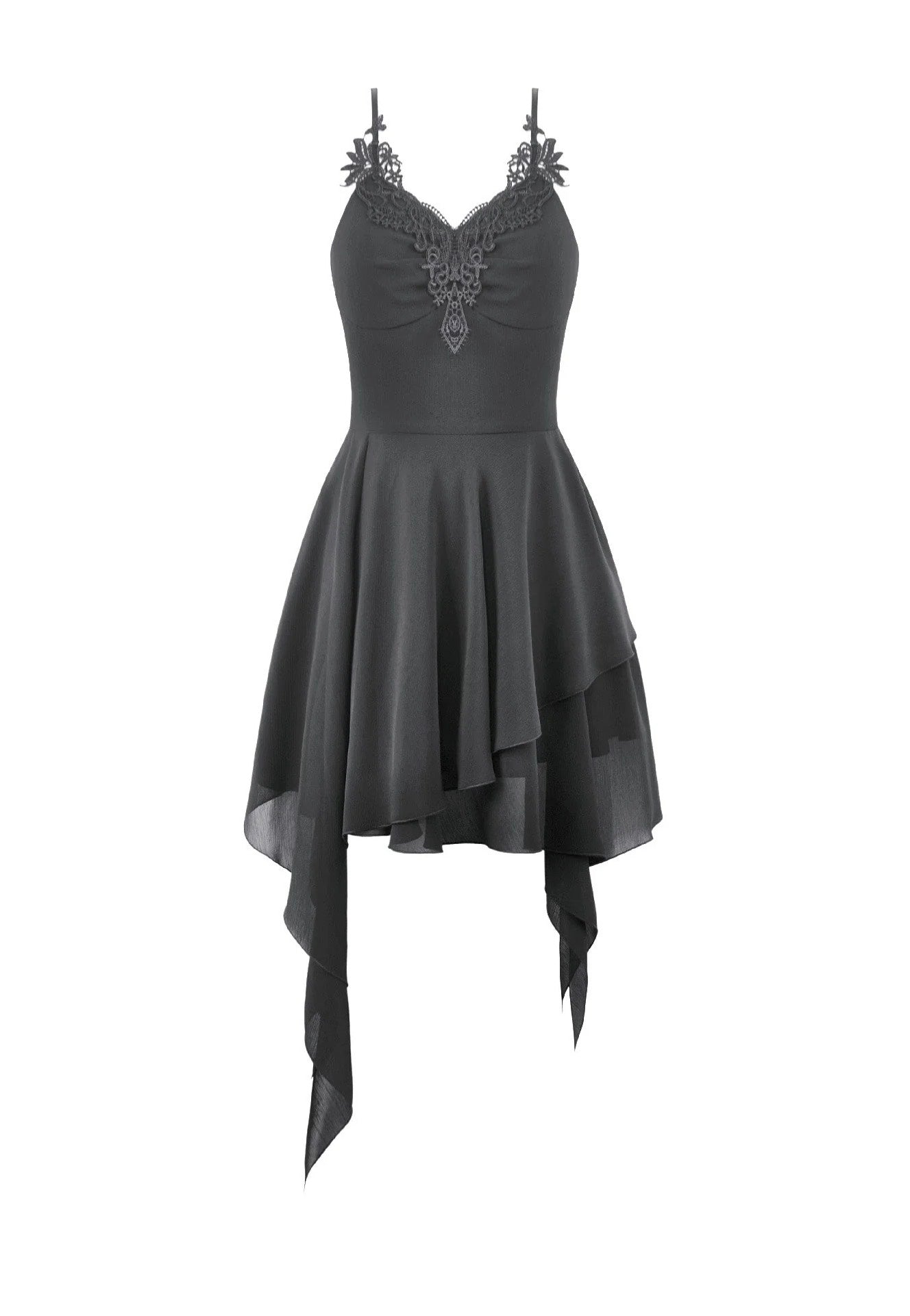 Dark In Love Goth V-Neck Lace Embroidery Asymmetric Flowy Chiffon Vestido | Women-Image