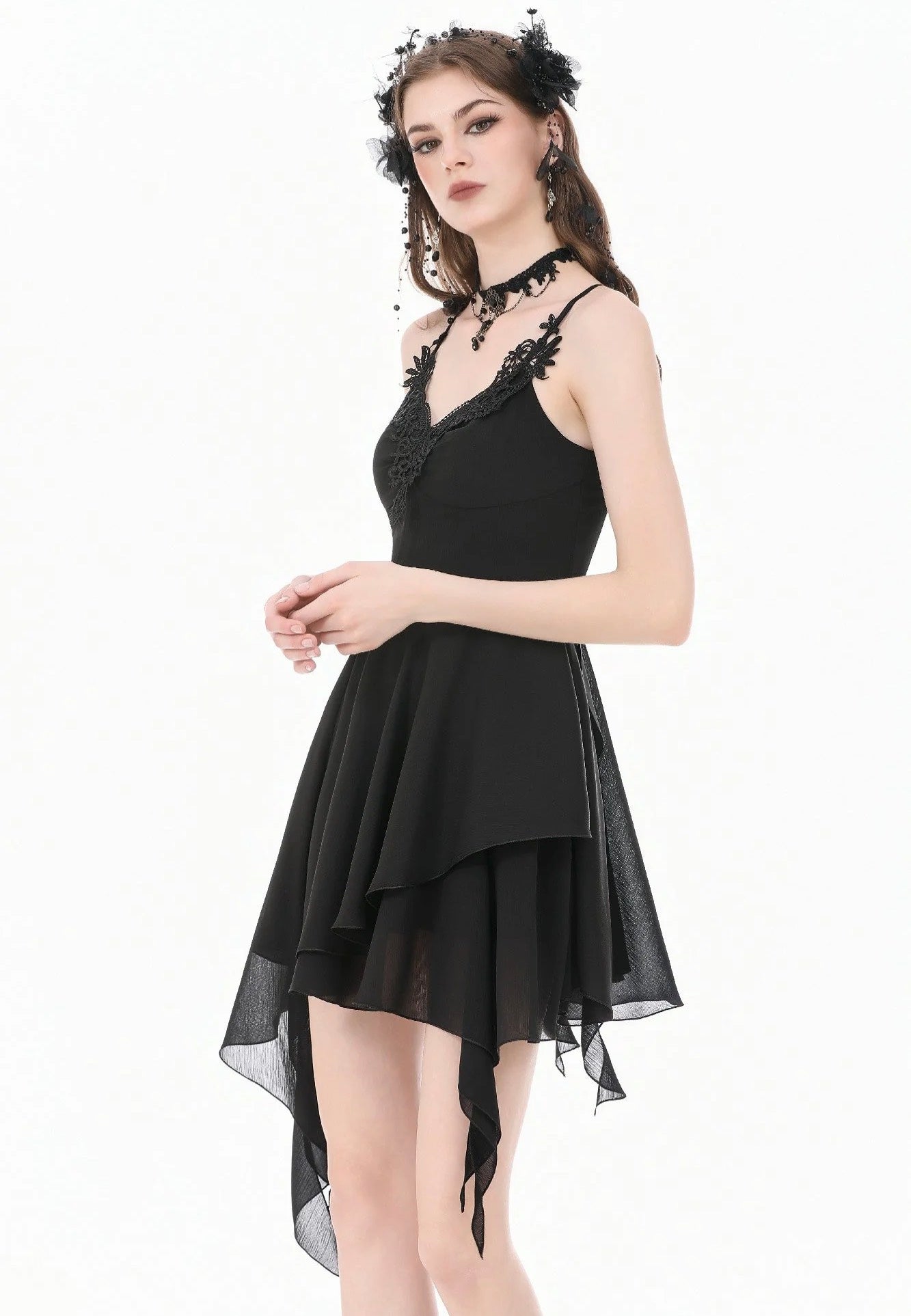 Dark In Love Goth V-Neck Lace Embroidery Asymmetric Flowy Chiffon Vestido | Women-Image