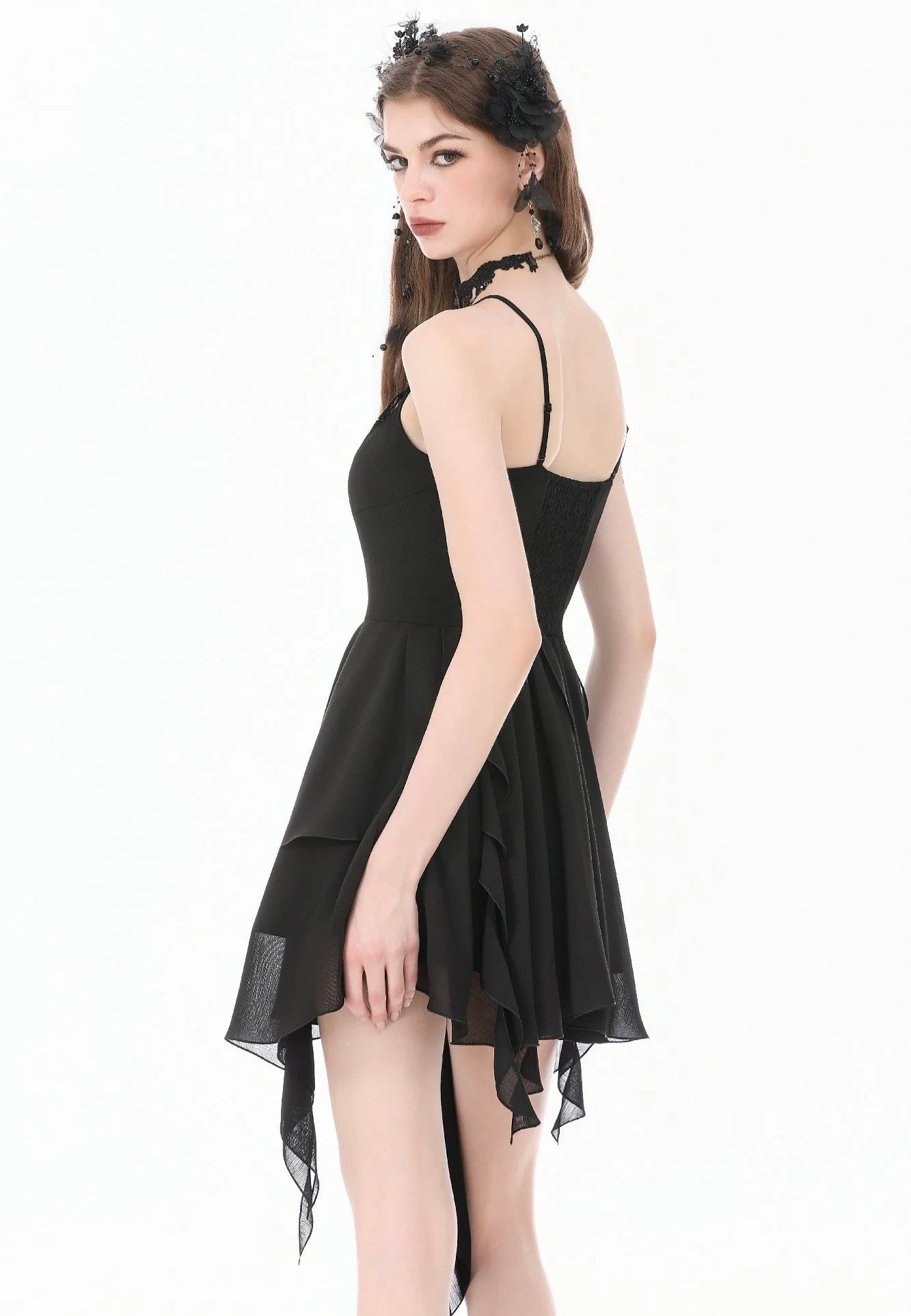 Dark In Love Goth V-Neck Lace Embroidery Asymmetric Flowy Chiffon Vestido | Women-Image