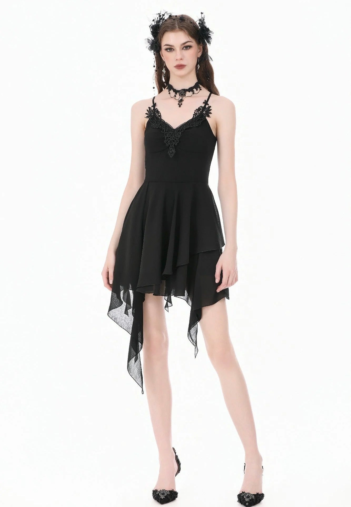 Dark In Love Goth V-Neck Lace Embroidery Asymmetric Flowy Chiffon Vestido | Women-Image