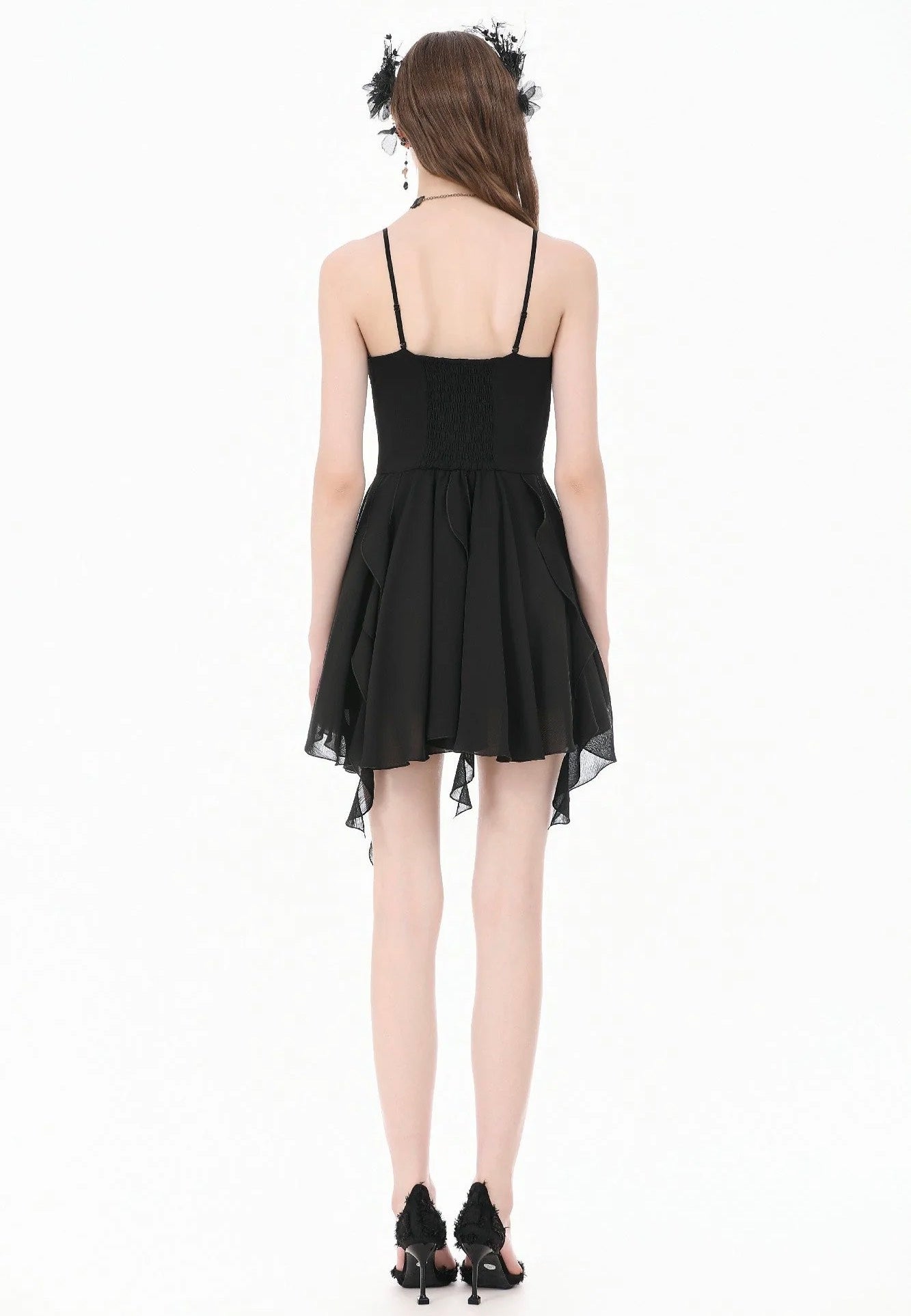 Dark In Love Goth V-Neck Lace Embroidery Asymmetric Flowy Chiffon Vestido | Women-Image