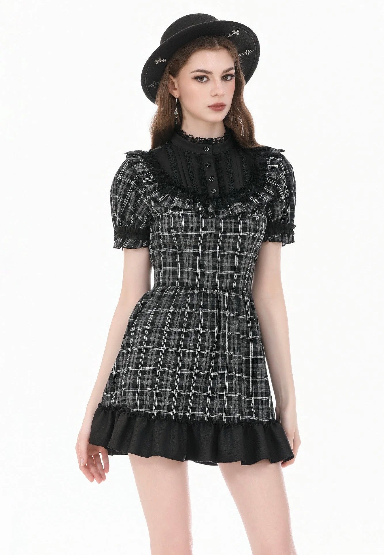 Dark In Love Dark Lolita Gingham Patchwork Lace Ruffle Vestido | Women-Image