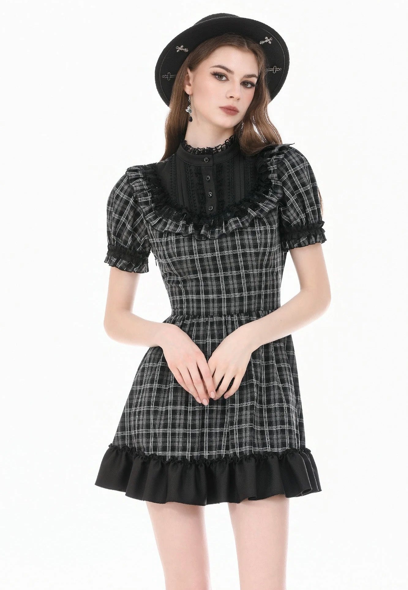Dark In Love Dark Lolita Gingham Patchwork Lace Ruffle Vestido | Women-Image