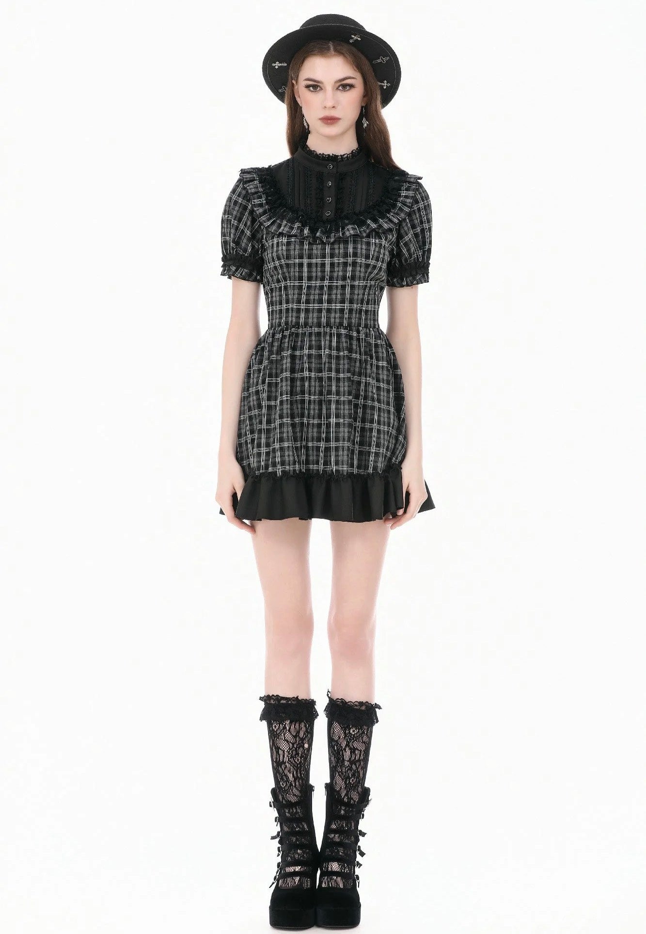 Dark In Love Dark Lolita Gingham Patchwork Lace Ruffle Vestido | Women-Image