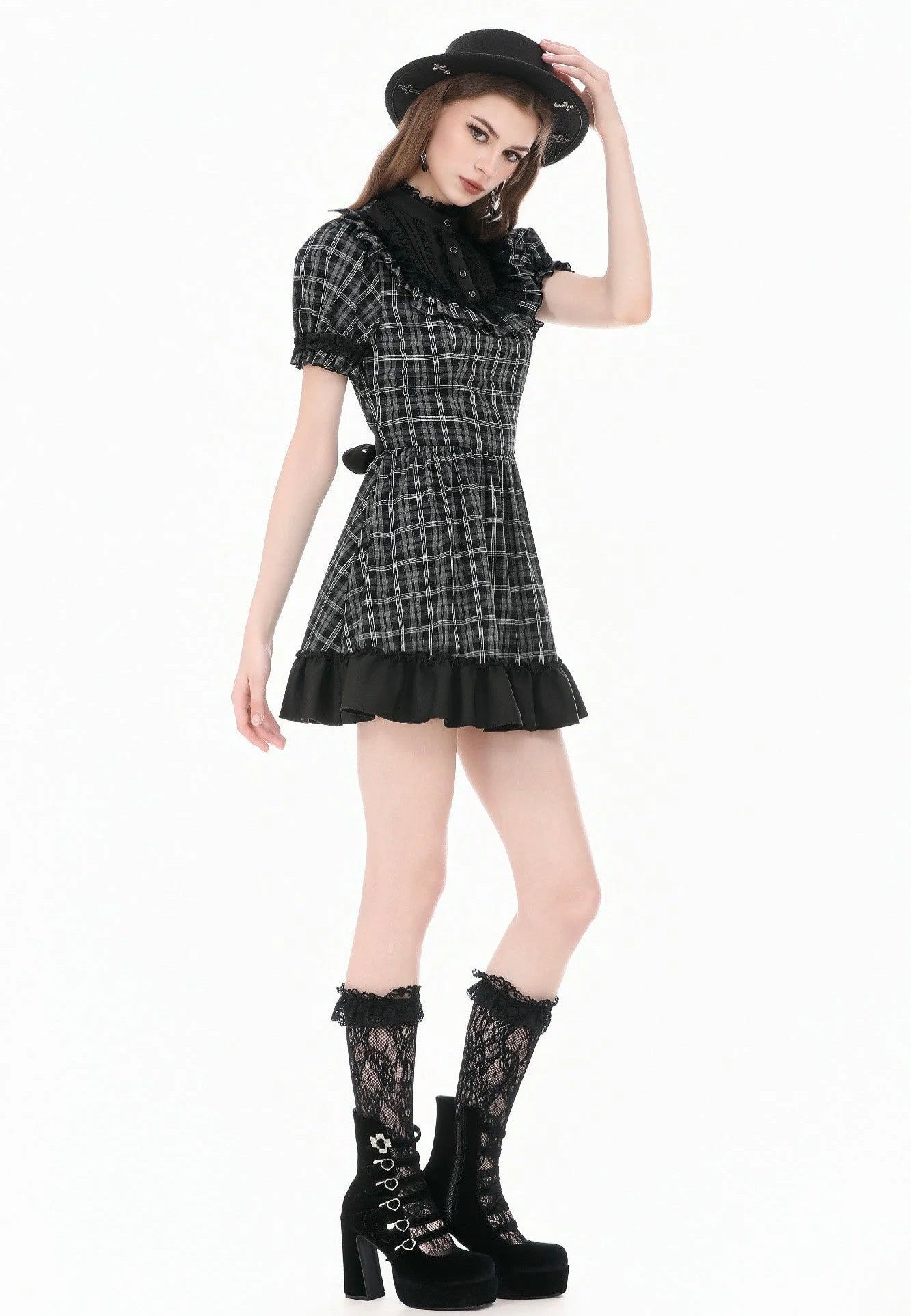 Dark In Love Dark Lolita Gingham Patchwork Lace Ruffle Vestido | Women-Image