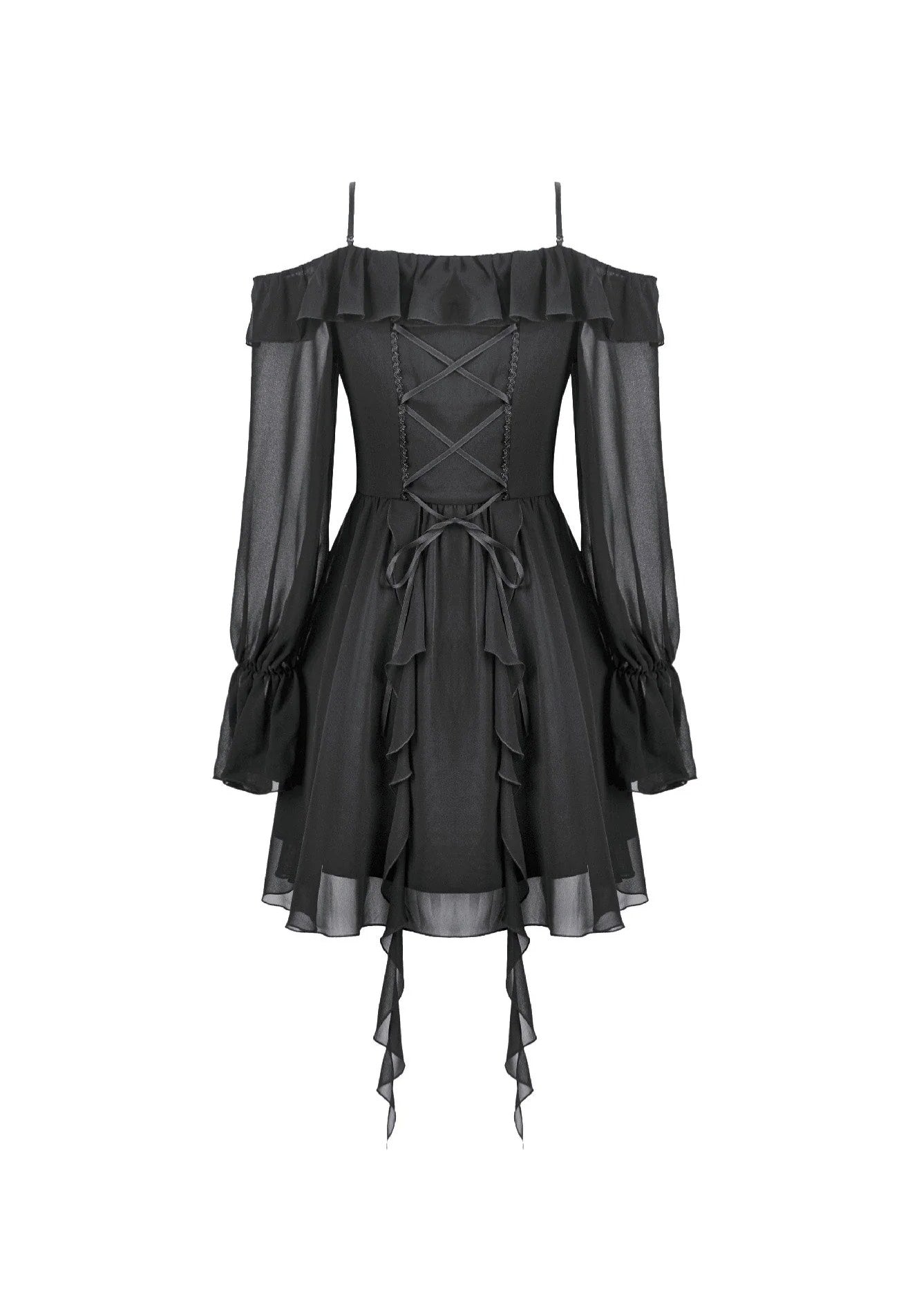 Dark In Love Gothic Black Chiffon Off The Shoulder Klänning | Women-Image