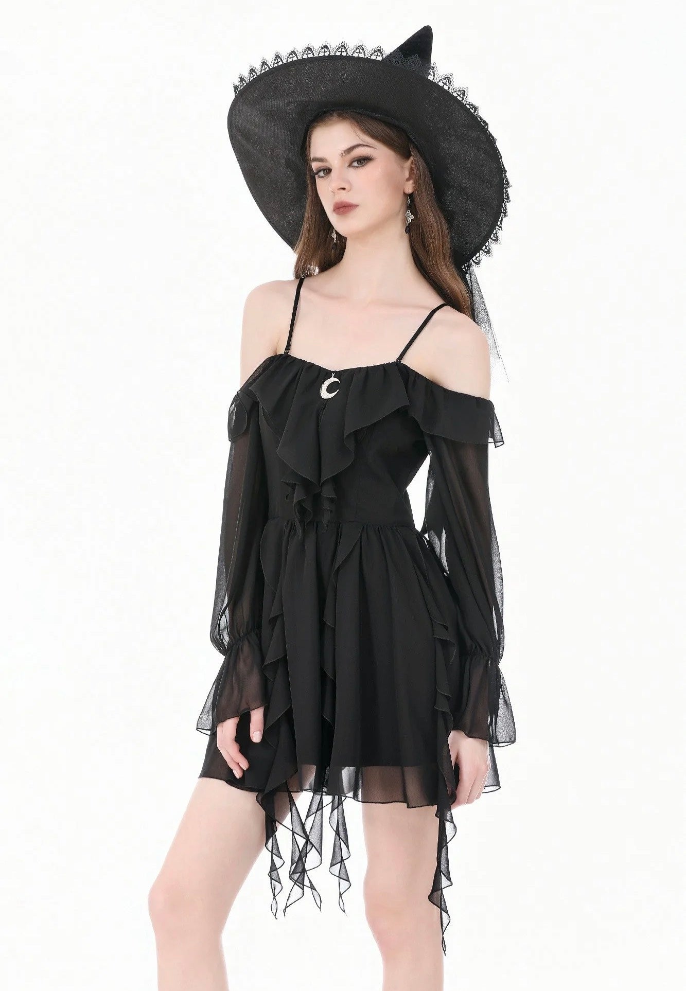 Dark In Love Gothic Black Chiffon Off The Shoulder Klänning | Women-Image