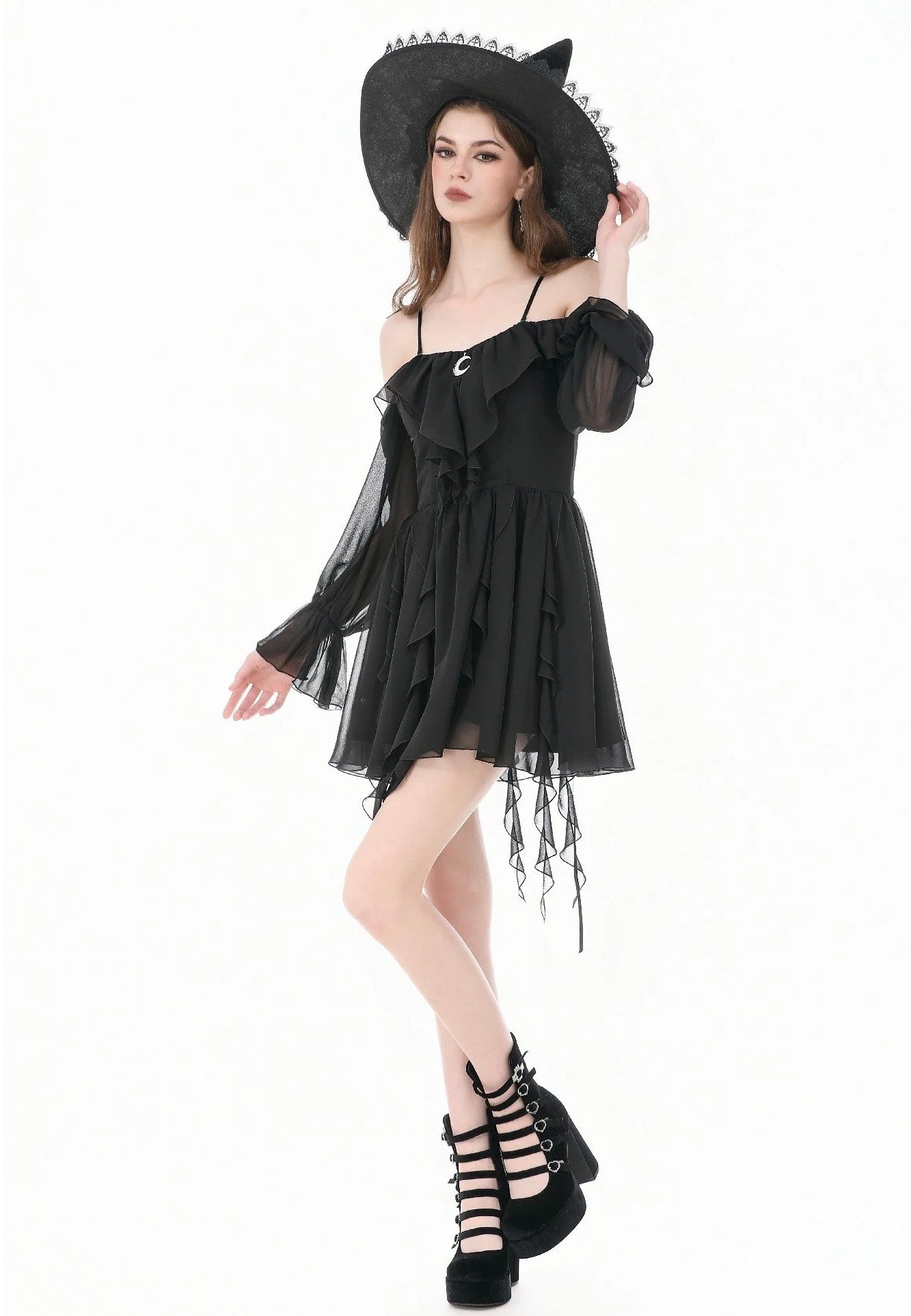 Dark In Love Gothic Black Chiffon Off The Shoulder Klänning | Women-Image