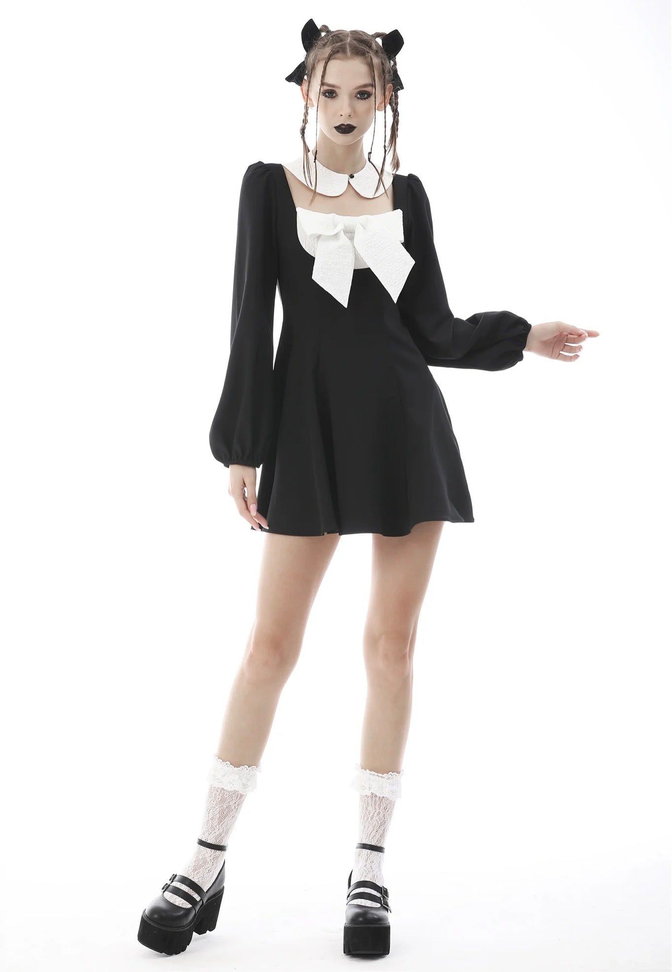 Dark In Love - Gothic Lolita Black White Super Bowknot Black - Dress - Black - L - 95% Polyester, 5% Elastane