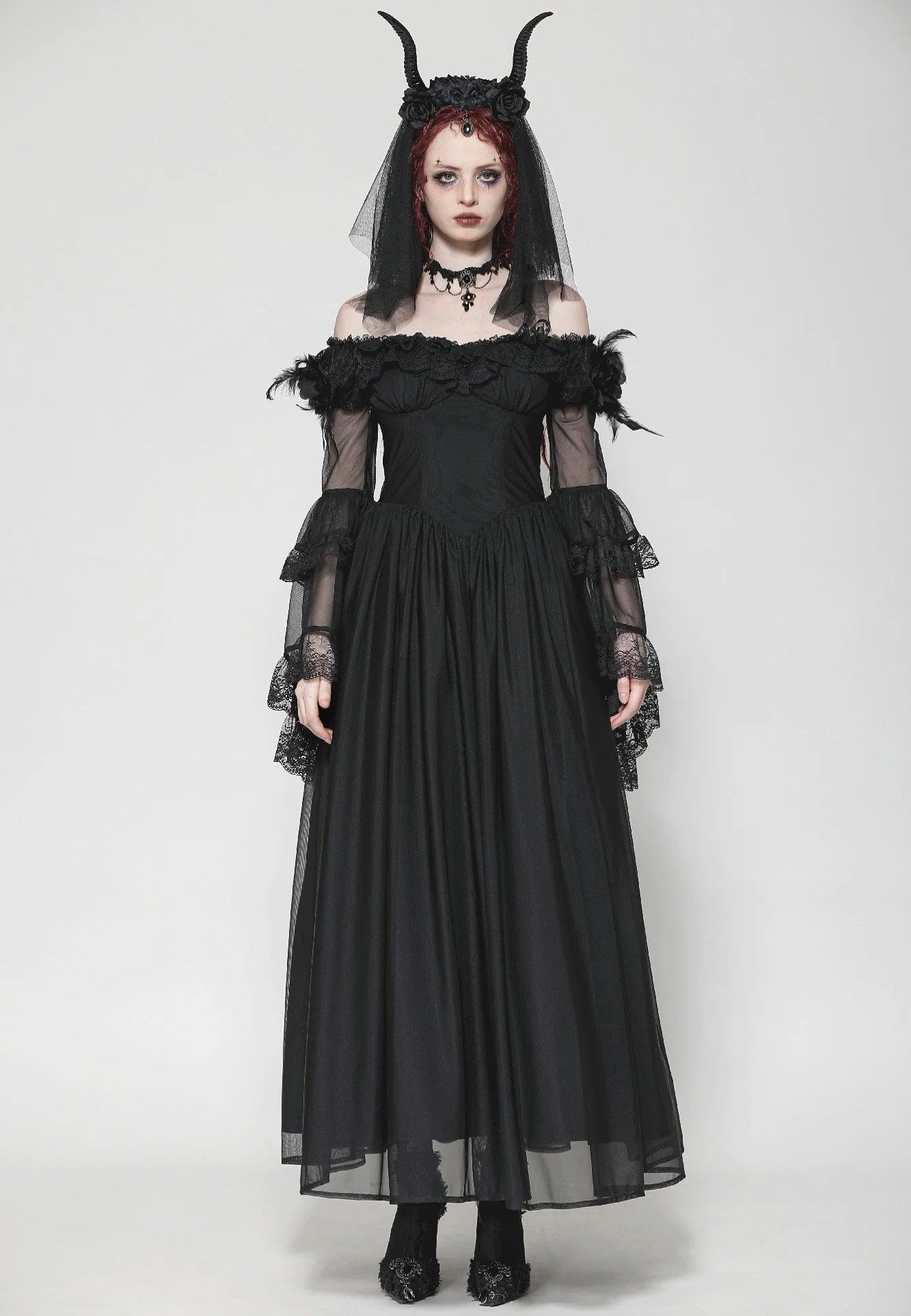Dark In Love - Gothic Black Tulle Feather Fantasy - Dress | Women-Image