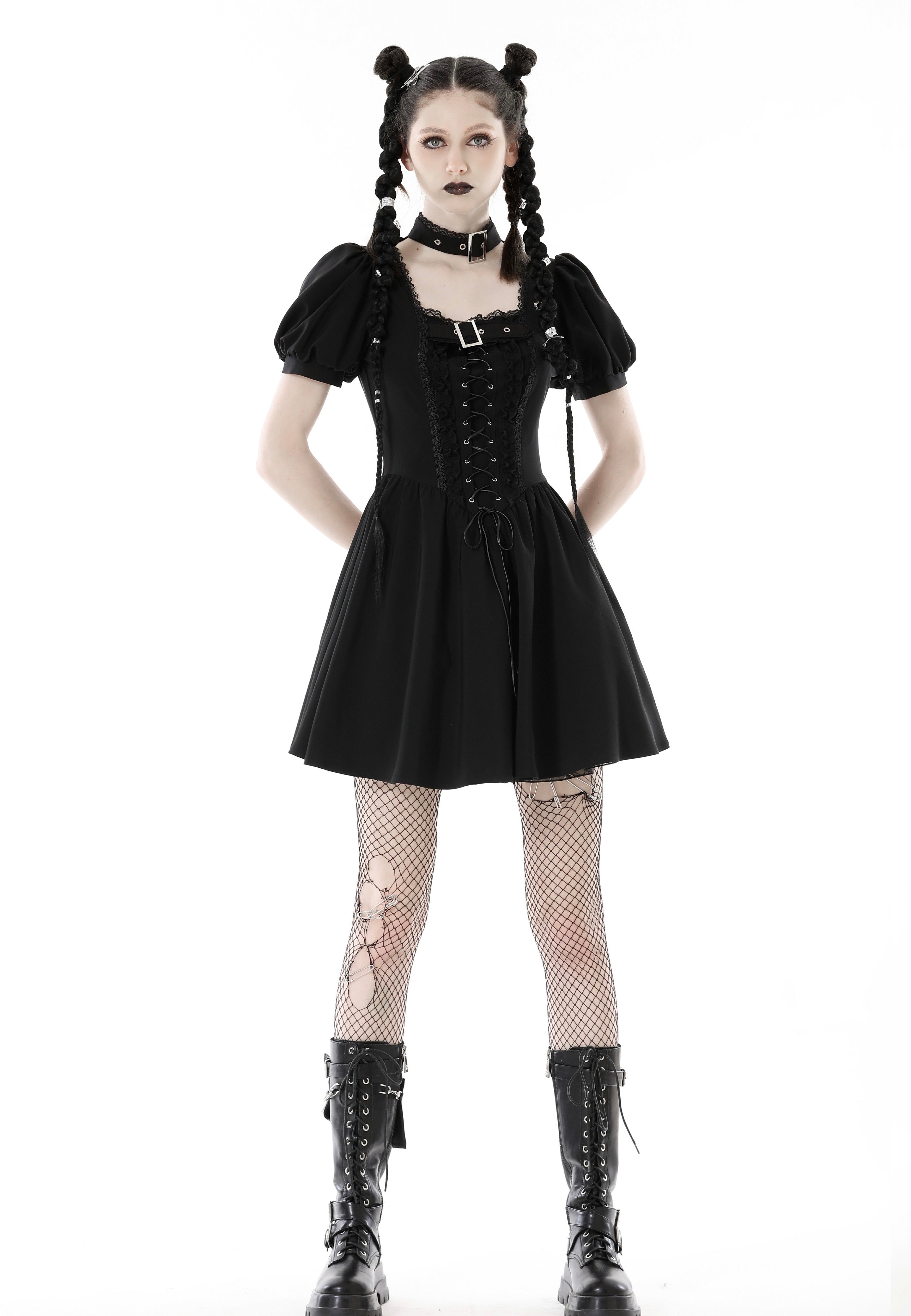 Dark In Love - Punk Rock Lace Up Black - Dress | Women-Image