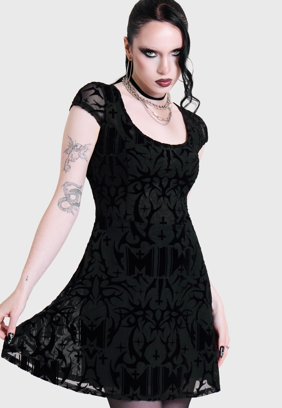 Killstar x Motionless in White Eternally Yours Flocked Mesh Skater Multi Šaty | Women-Image