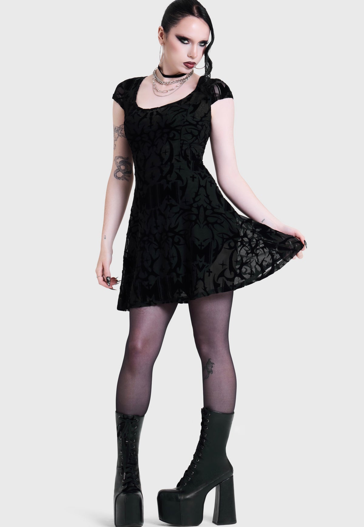 Killstar x Motionless in White Eternally Yours Flocked Mesh Skater Multi Šaty | Women-Image