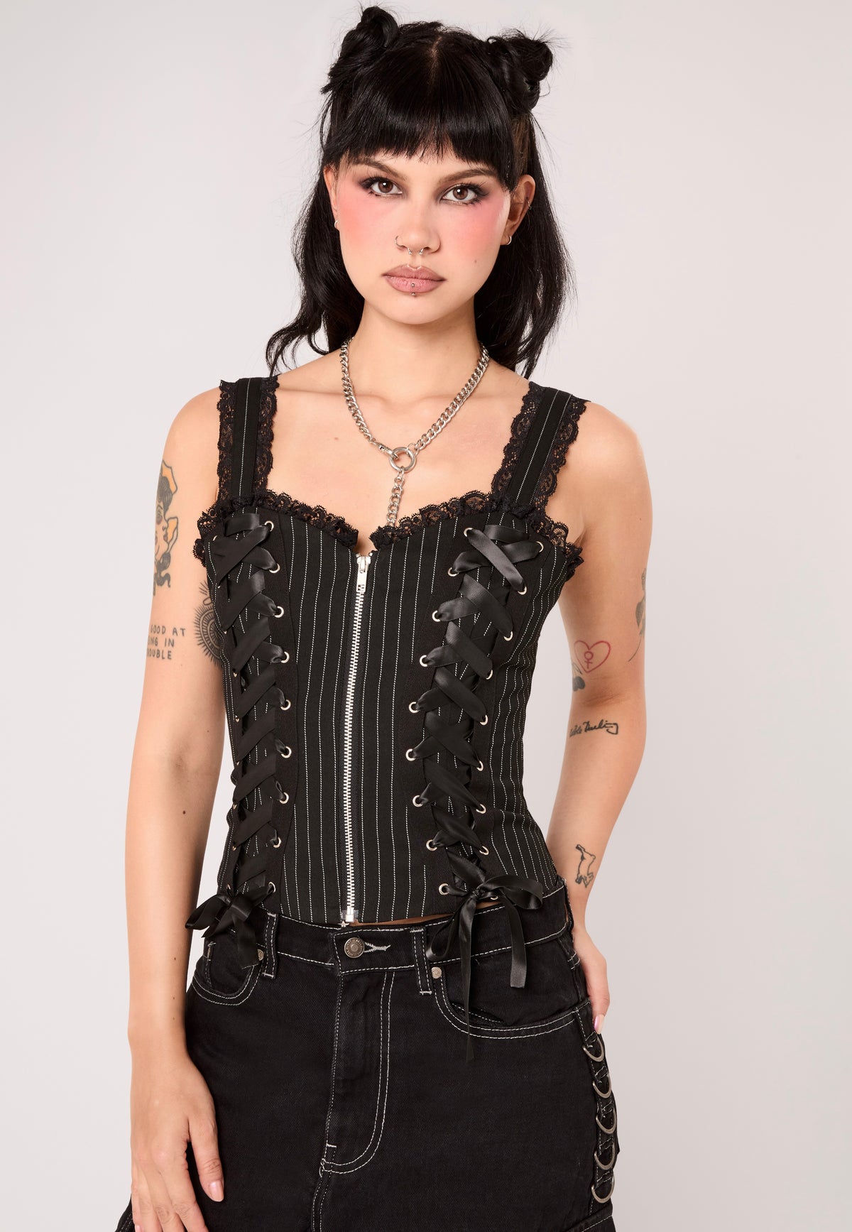 Hellbunny Quinzel C Pinstripe Black/White Top | Women-Image