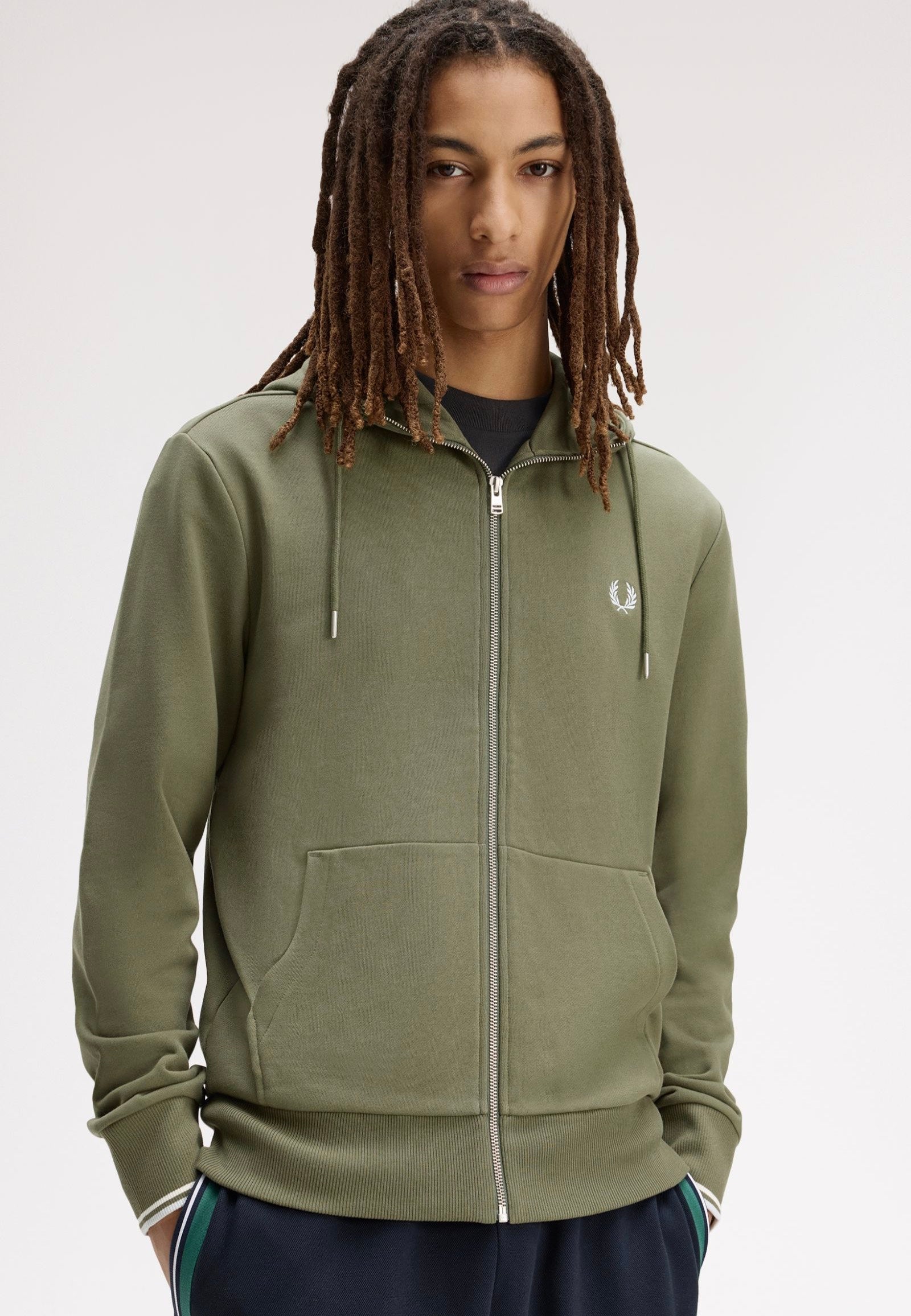 Fred Perry - Hooded Zip-Through Laurel Wreath Green/Ecru/Dusky Blue - Zipper | Men-Image