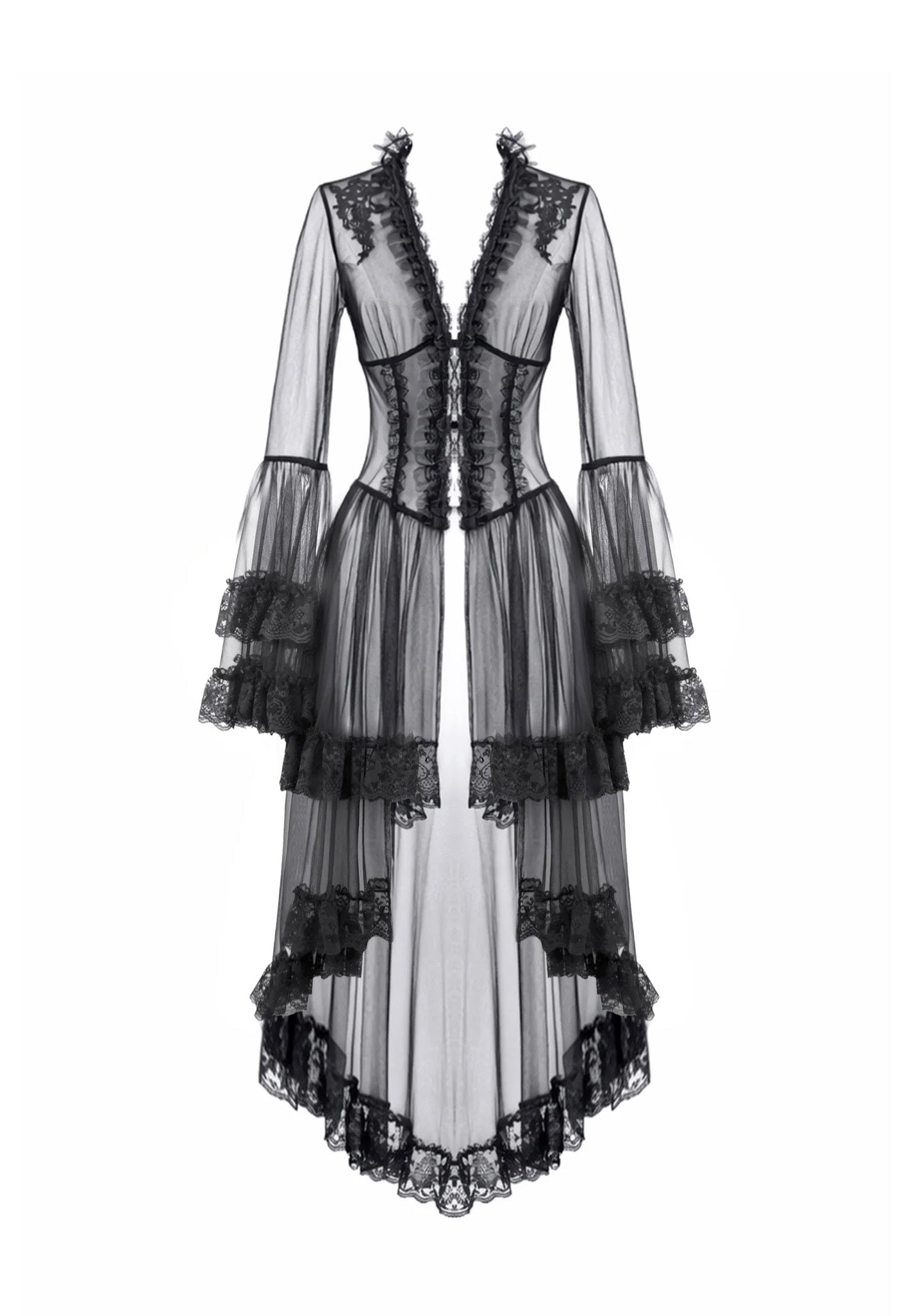 Dark In Love Gothic Retro Sheer Lace Patchwork Deep-V Flare Sleeve Duster Šaty | Women-Image