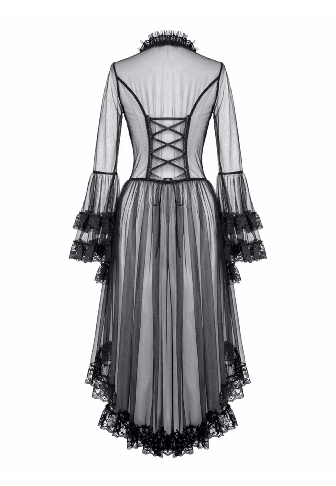 Dark In Love Gothic Retro Sheer Lace Patchwork Deep-V Flare Sleeve Duster Šaty | Women-Image