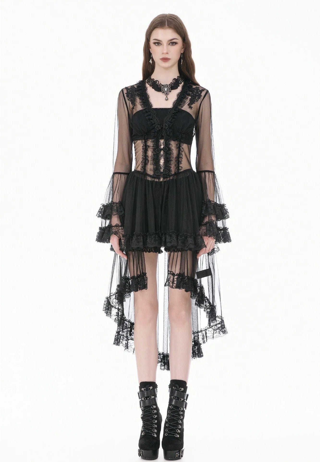 Dark In Love Gothic Retro Sheer Lace Patchwork Deep-V Flare Sleeve Duster Šaty | Women-Image