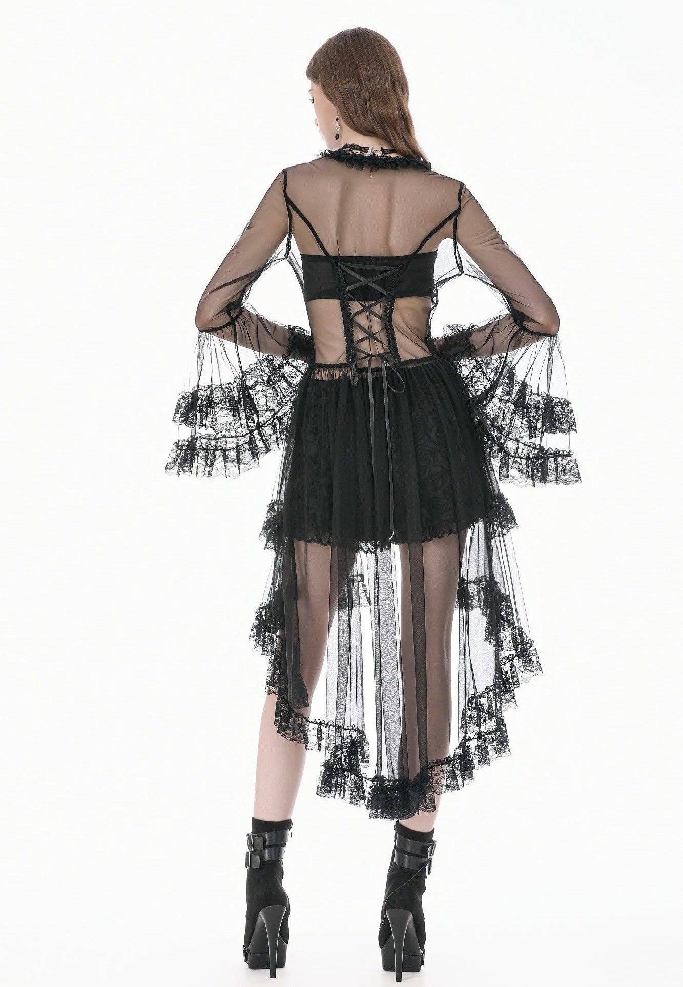 Dark In Love Gothic Retro Sheer Lace Patchwork Deep-V Flare Sleeve Duster Šaty | Women-Image