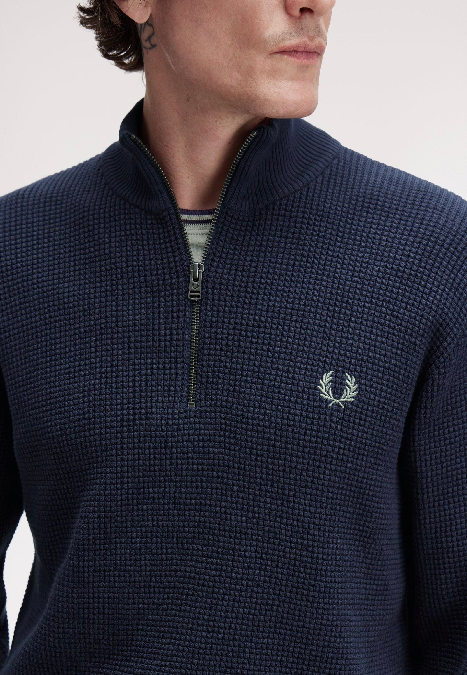 Fred Perry - Waffle Stitch Half Zip Dark Airforce - Pullover | Men-Image