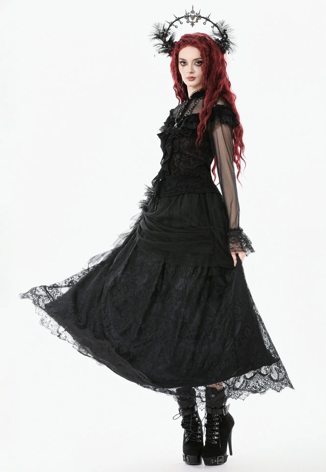 Dark In Love - Gothic Court Floral Pleated Tulle - Skirt | Women-Image