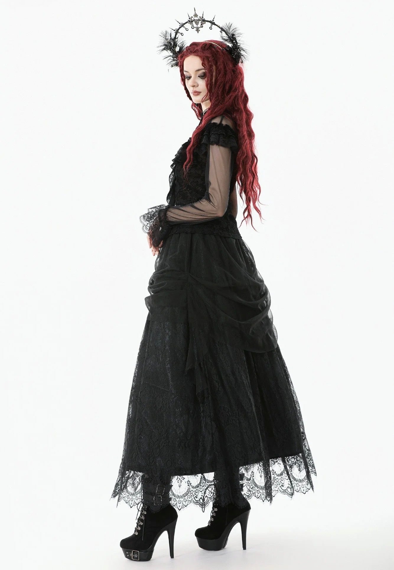 Dark In Love - Gothic Court Floral Pleated Tulle - Skirt | Women-Image