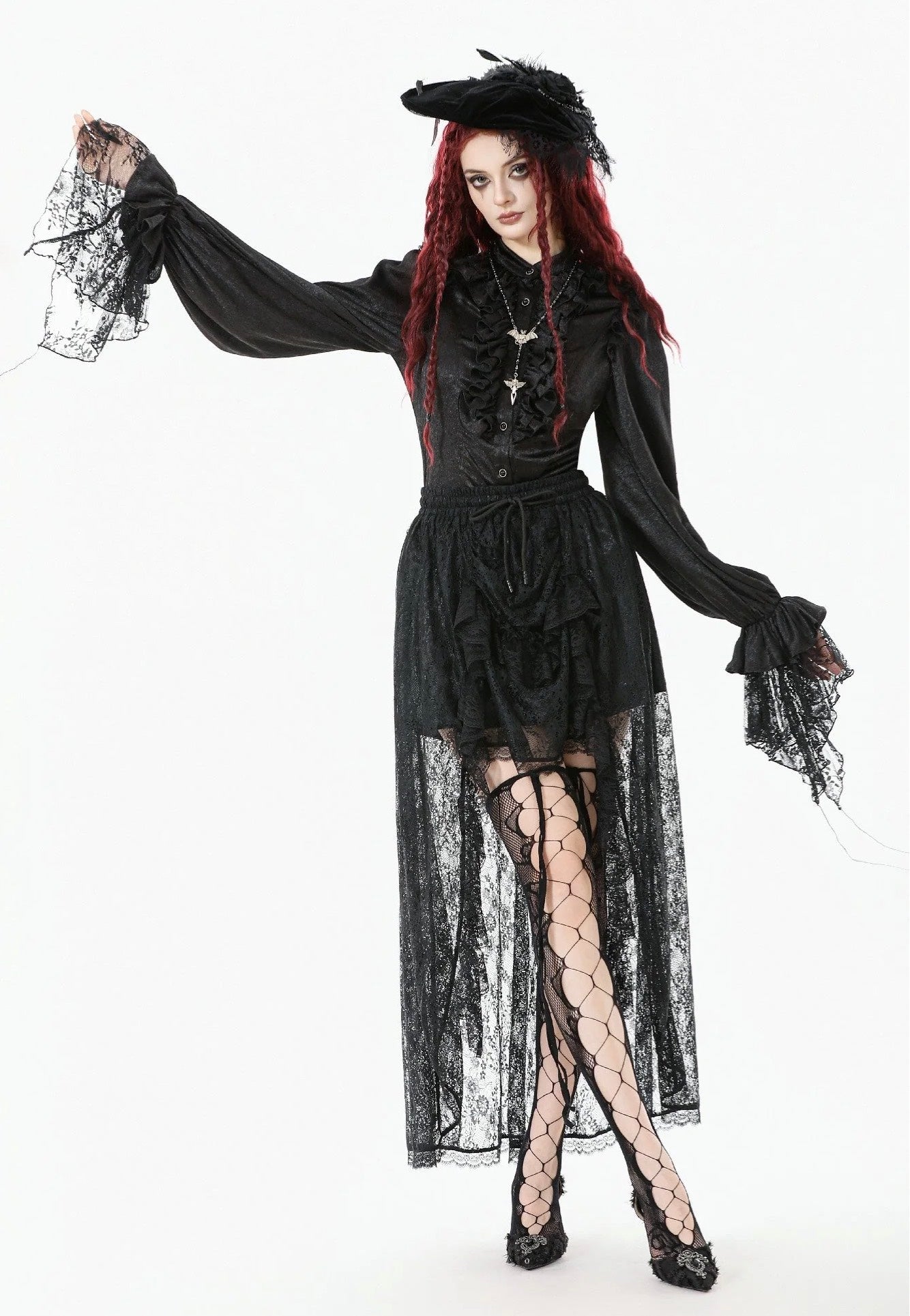 Dark In Love - Gothic Court Mesh Lace High-Low - Skirt | Women-Image