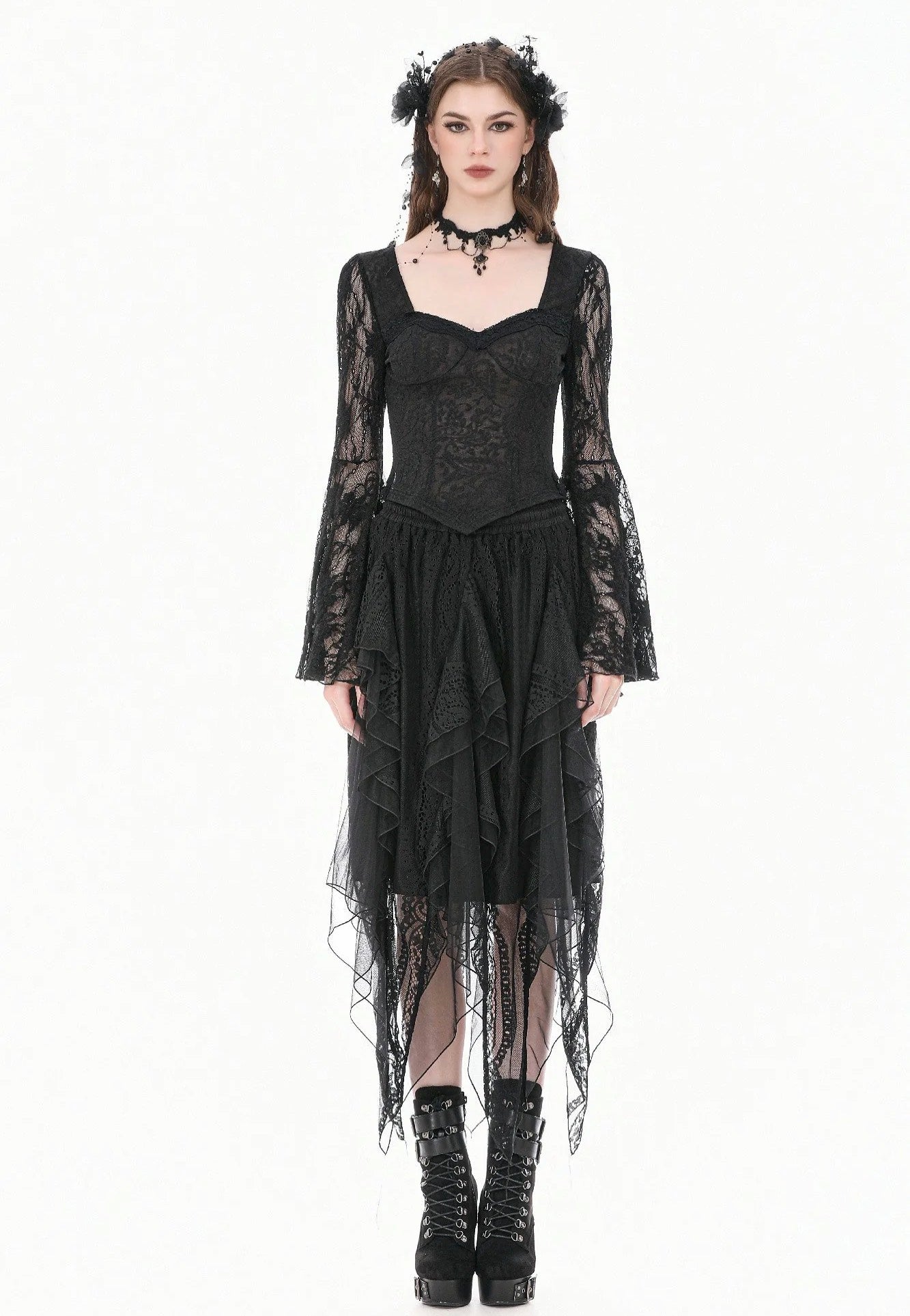 Dark In Love Gothic Shadow Mist Layered Mesh Long Sukně | Women-Image